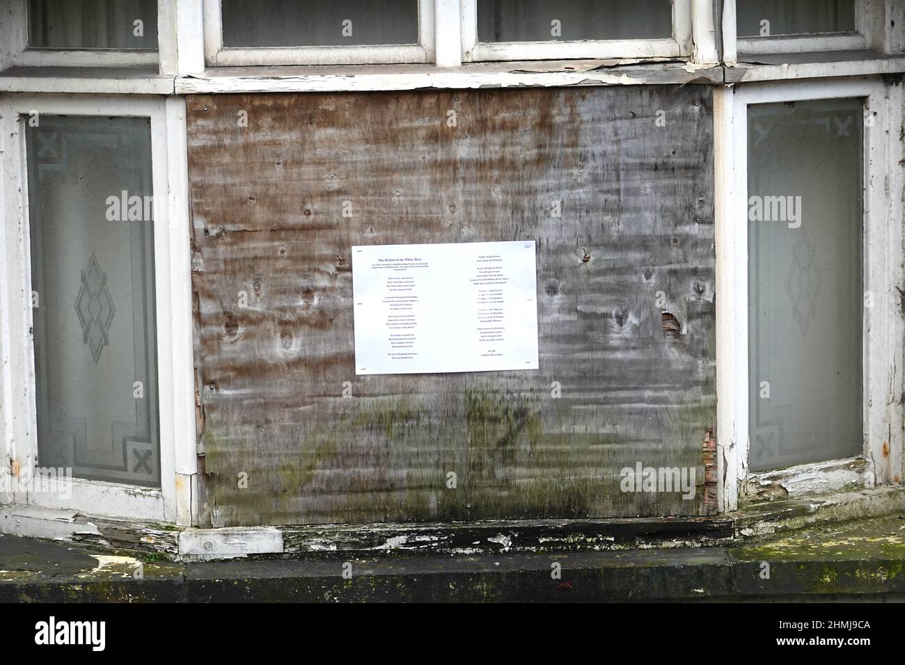 A local resident composed a poem addressed to the owner of The White Hart pub in New Mills, Derbyshire, which is falling into dilapidation. Stock Photo