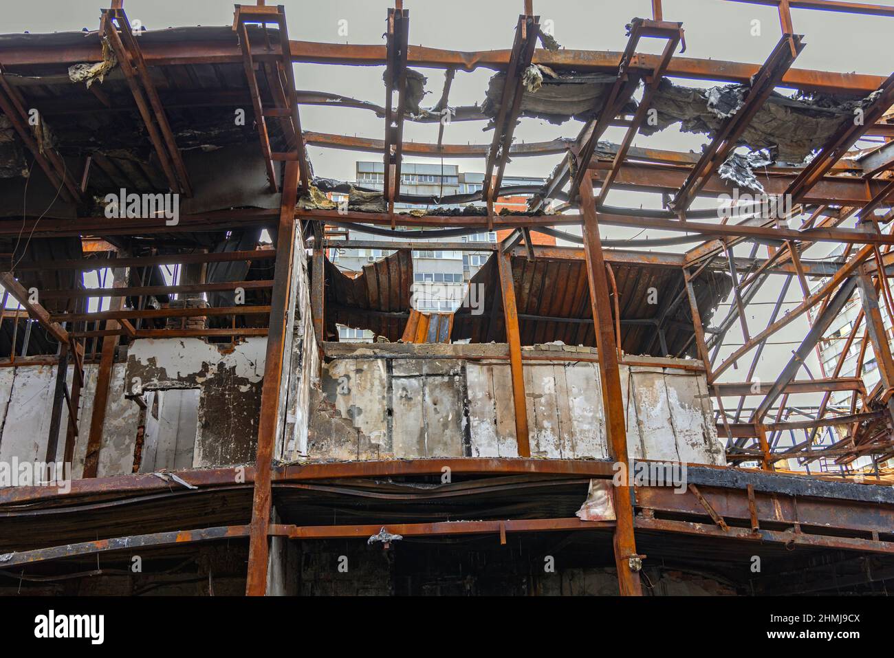 Bended Steel Structure Shopping Mall Inferno Fire Damage Stock Photo