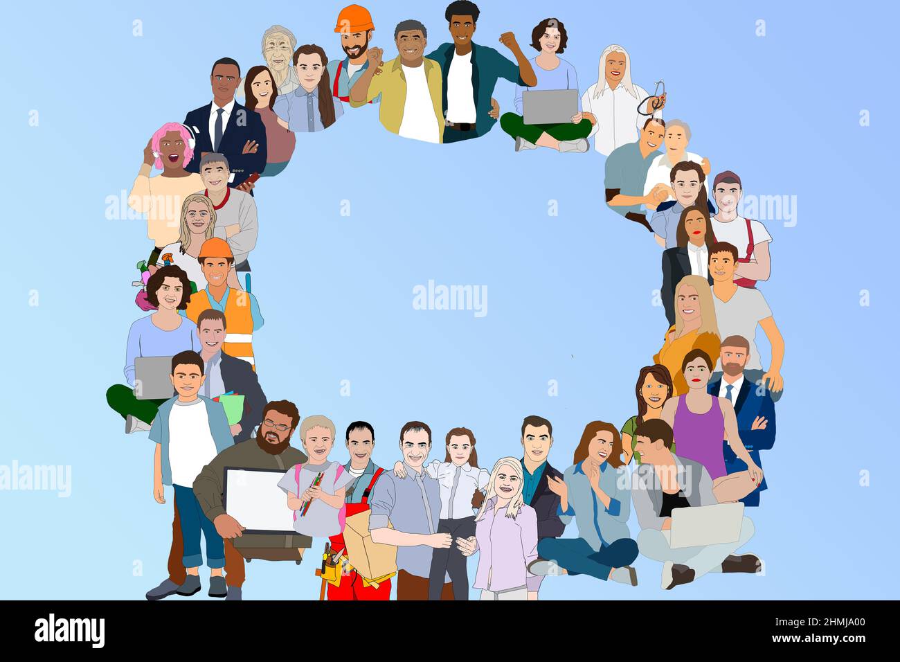 A lot of people stand in a circle on a blue background. illustration ...