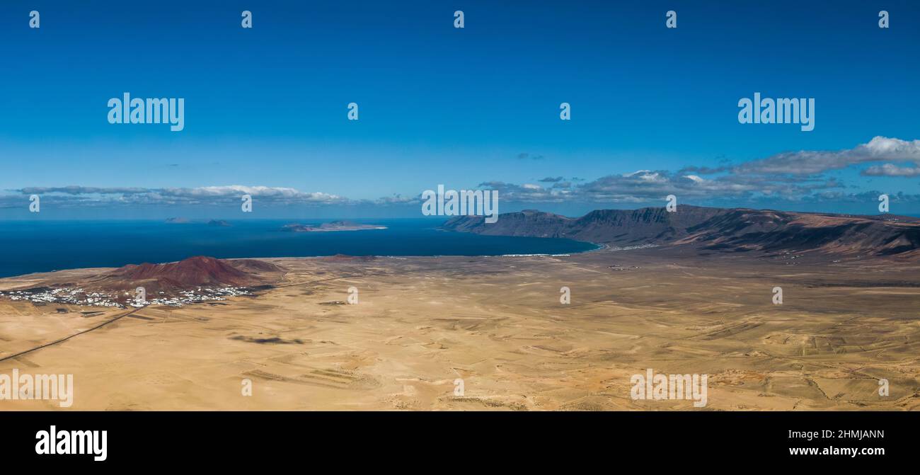 Aerial view of El Jable desert and and Risco de Famara mountains, Spain Stock Photo
