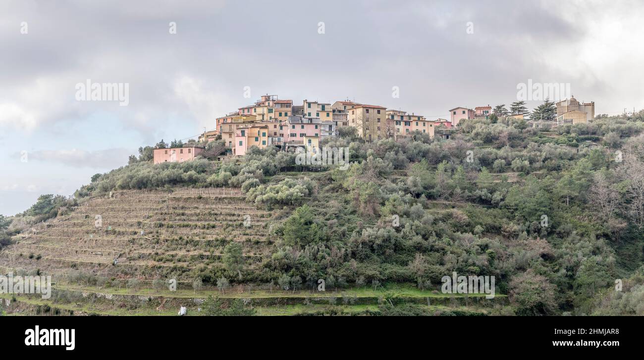 cityscape with hilltop inland village, shot in bright winter sunset light at Volastra, Cinque Terre, Italy Stock Photo