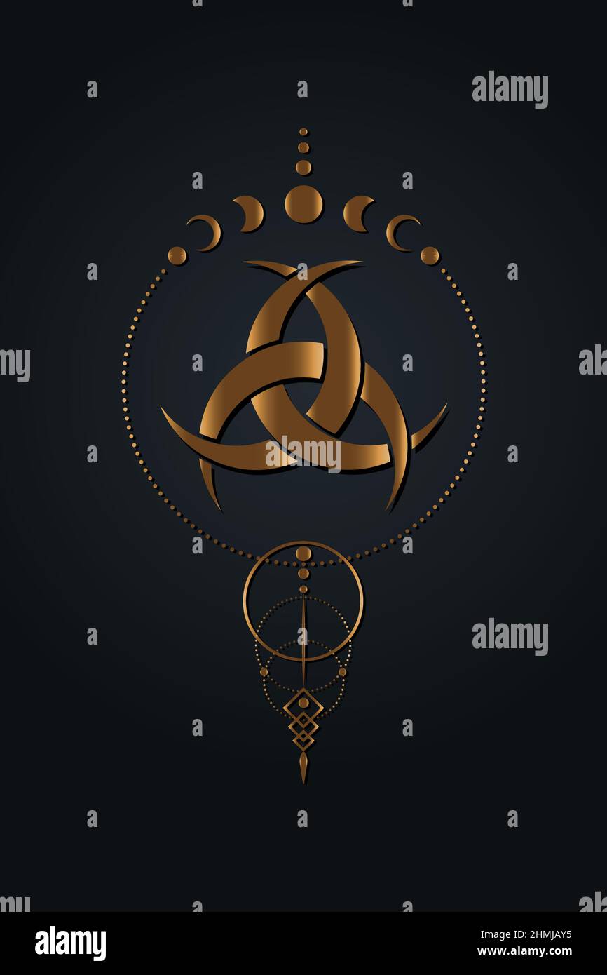 Gold dreamcatcher Moon Phases and Three Interlaced Crescents moon. Religion symbol, Odin icon. Golden luxury Celtic sacred flower Wiccan divination Stock Vector