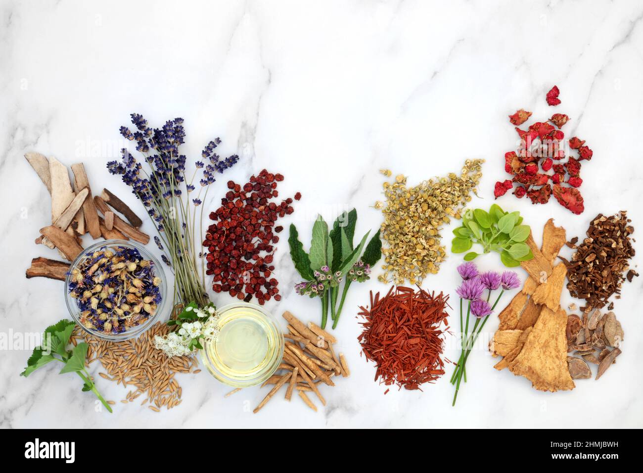 Natural healing herbs and flowers used in herbal plant medicine. Alternative floral nature health care concept. Top view, flat lay on marble. Stock Photo