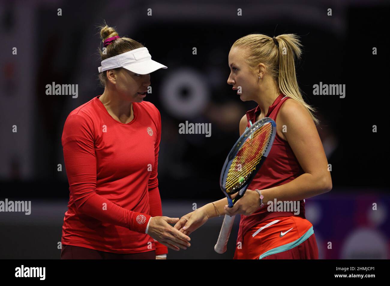 Saint Petersburg, Russia. 10th Feb, 2022. Anastasia Potapova, Vera Zvonareva of Russia playing against Sorana Cirstea, Raluca Olaru of Romania during the St.Petersburg Ladies Trophy 2022 tennis tournament. Final score: (Anastasia Potapova, Vera Zvonareva 2-0 Sorana Cirstea, Raluca Olaru). Credit: SOPA Images Limited/Alamy Live News Stock Photo