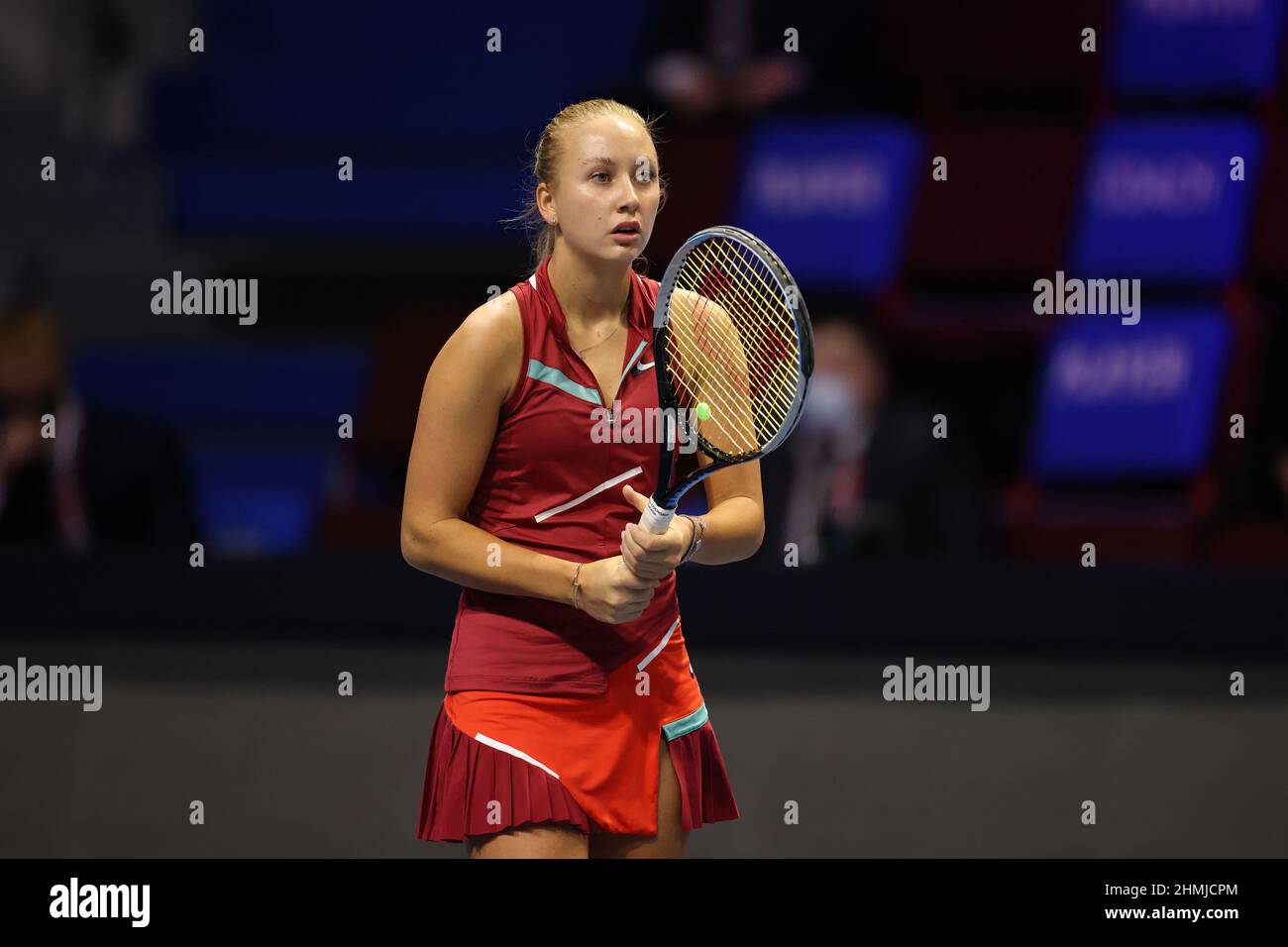 Saint Petersburg, Russia. 10th Feb, 2022. Anastasia Potapova of Russia playing against Sorana Cirstea, Raluca Olaru of Romania during the St.Petersburg Ladies Trophy 2022 tennis tournament. Final score: (Anastasia Potapova, Vera Zvonareva 2-0 Sorana Cirstea, Raluca Olaru). Credit: SOPA Images Limited/Alamy Live News Stock Photo