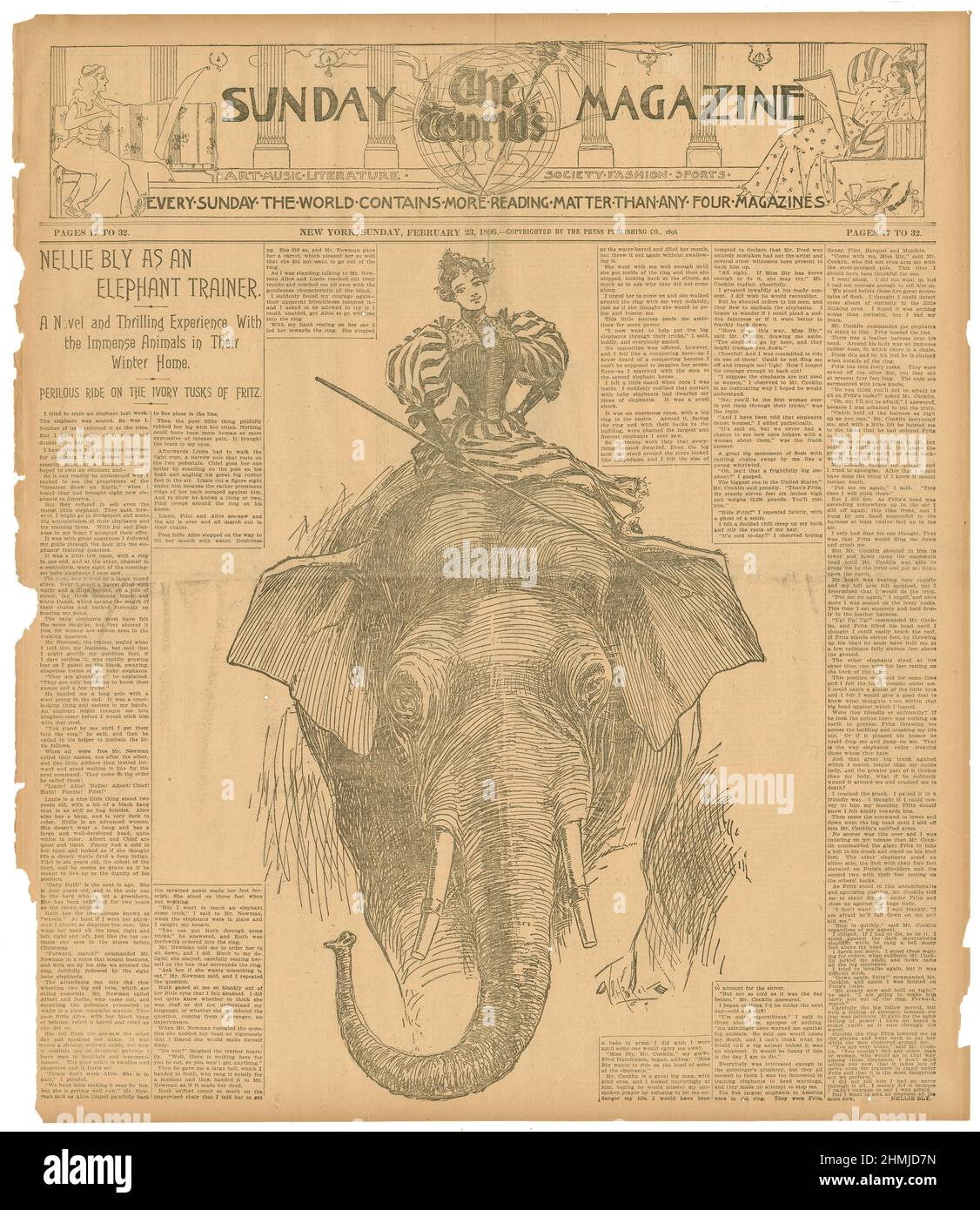 The World's Sunday Magazine from February 23, 1896, featuring 'Nellie Bly as an Elephant Trainer' with large graphic. Elizabeth Cochran Seaman (1864-1922), better known by her pen name Nellie Bly, was an American journalist, industrialist, inventor, and charity worker. SOURCE: ORIGINAL NEWSPAPER Stock Photo