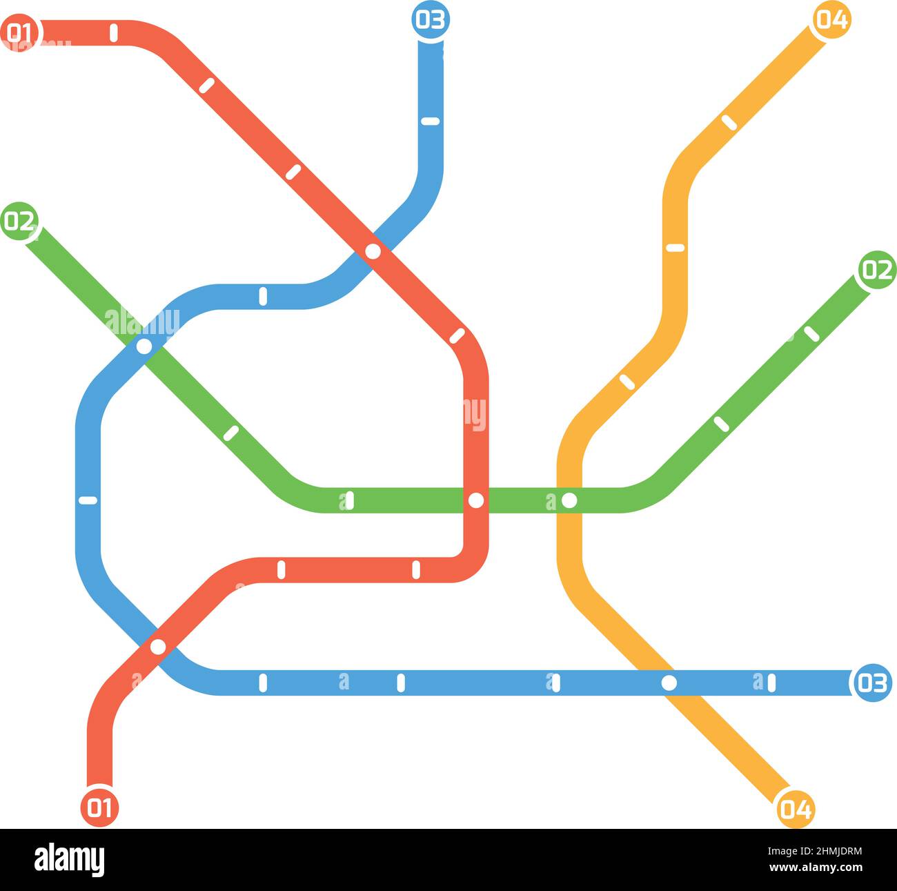 Subway map template with colorful metro routes. Underground transport path lines Stock Vector