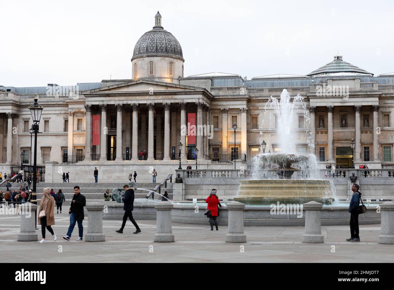 A general view of Trafalgar Square, London, showing the National Gallery (L) and the National Portrait Gallery (R). Stock Photo