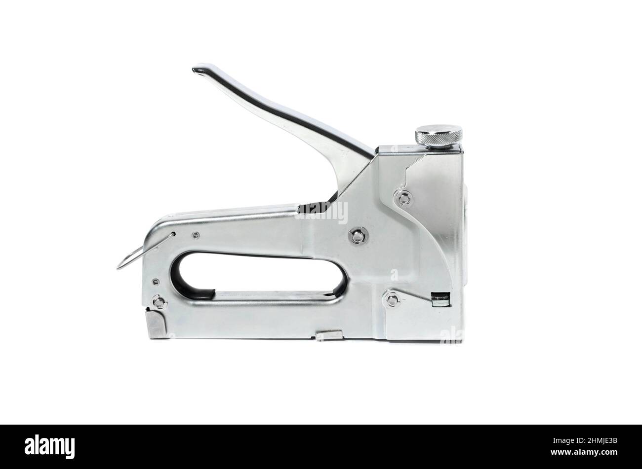 Metal Nickel plated stapler gun on white background, isolate close up. Stock Photo
