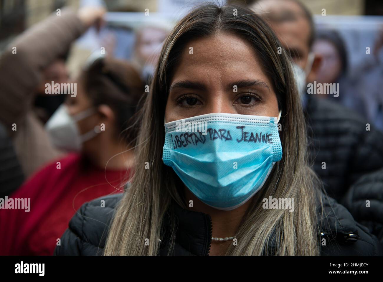 La Paz, Bolivia. 10th Feb, 2022. Carolina Ribera (m.), daughter of the  former interim president of Bolivia Anez, takes part in a rally for the  release of her mother, who has been