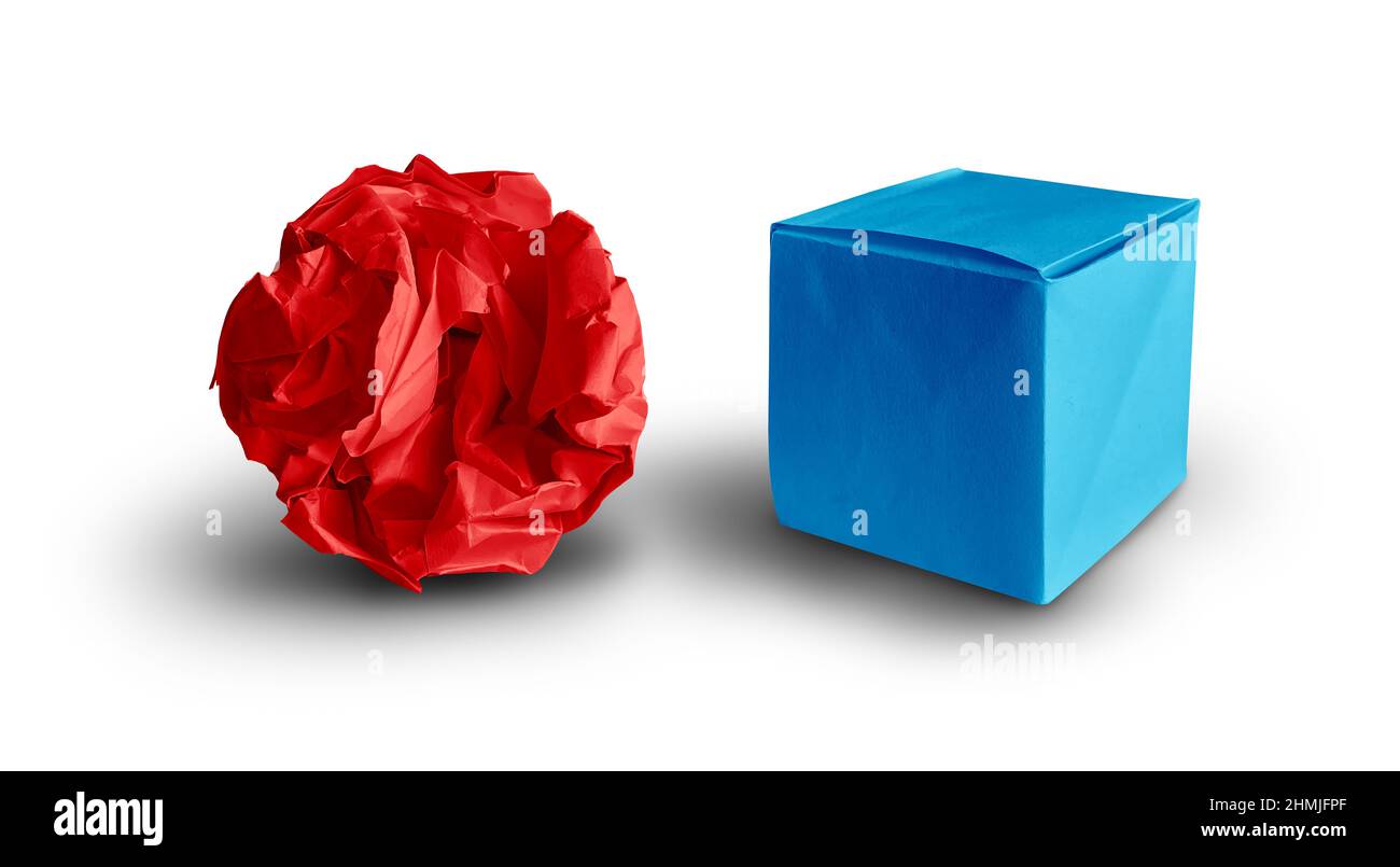 Different concept or chaos and order symbol as a crumpled paper with an origami cube representing engeneering and design versus chaotic and disorderly Stock Photo