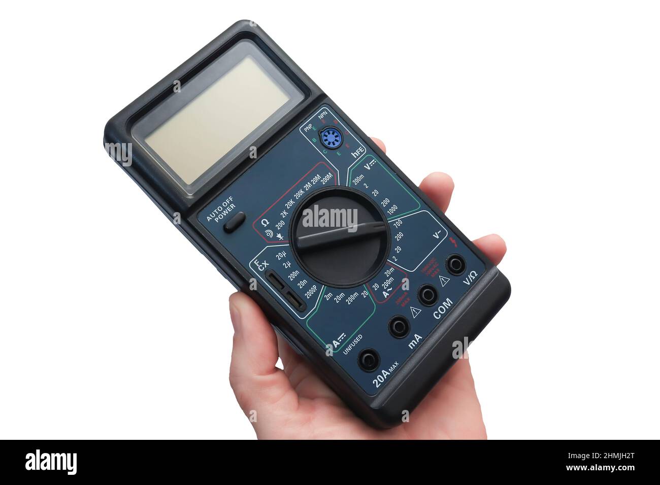 Hand master with close-up electronic multimeter. Black multimeter with ...