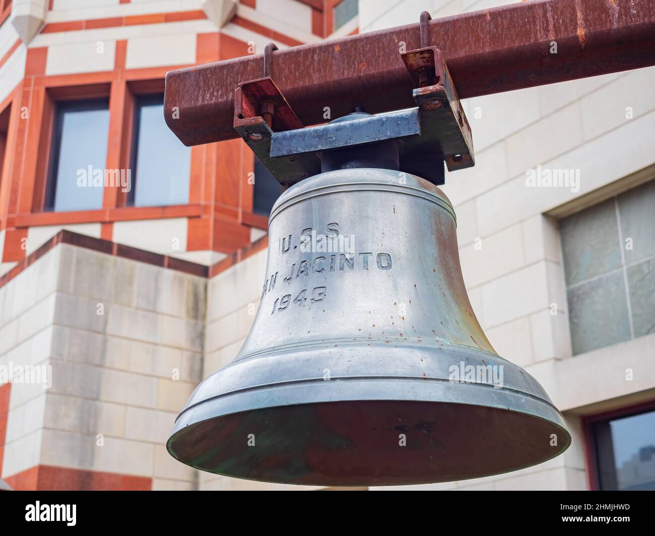 Overcast view of a USS San Jacinto Liberty Bell at Texas Stock Photo
