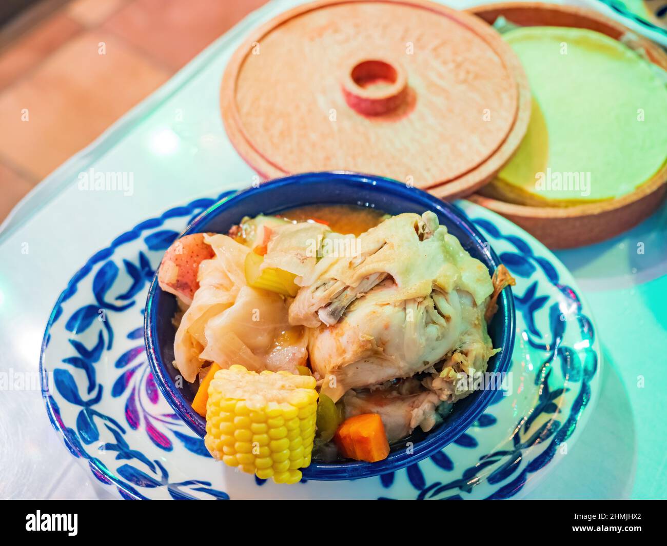 Close up shot of Mexican style Pollo con Fideo chicken soup at Texas Stock Photo