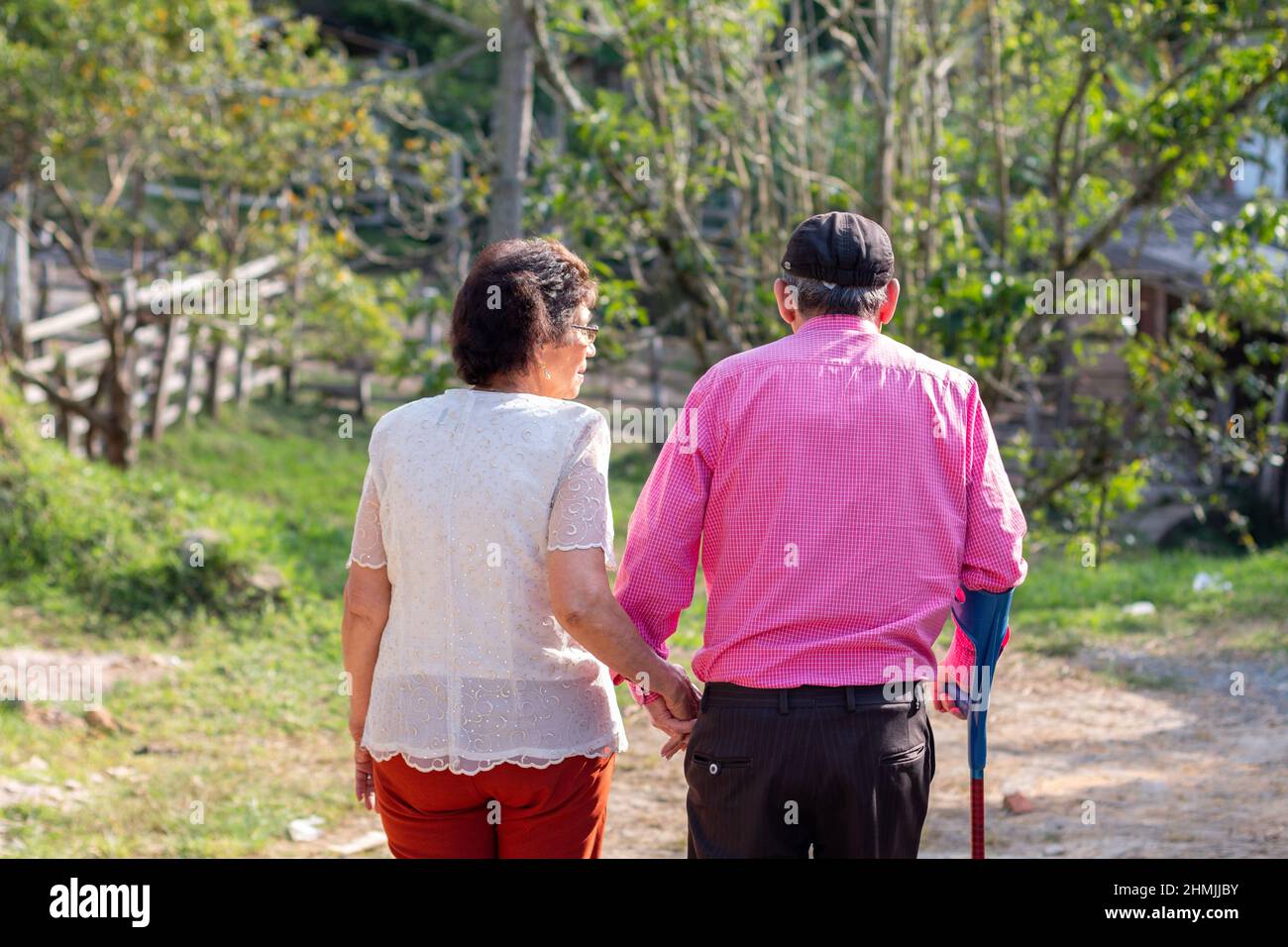 Beautiful unknown elderly couple seen from the back walking through the countryside while using cane. Stock Photo