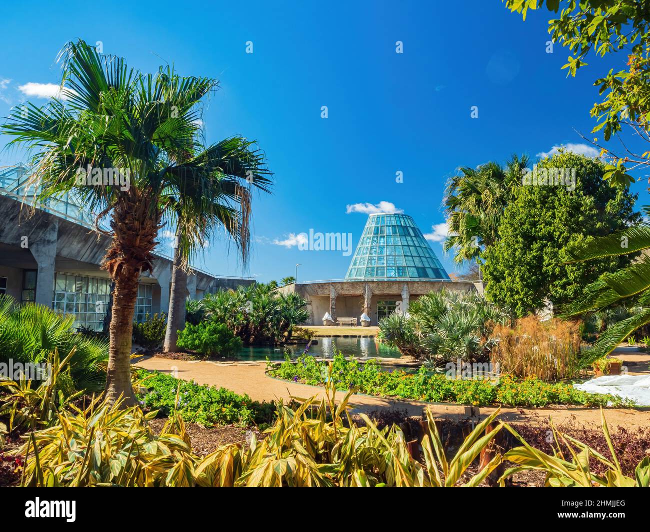Sunny view of a green house in San Antonio Botanical Garden at Texas ...