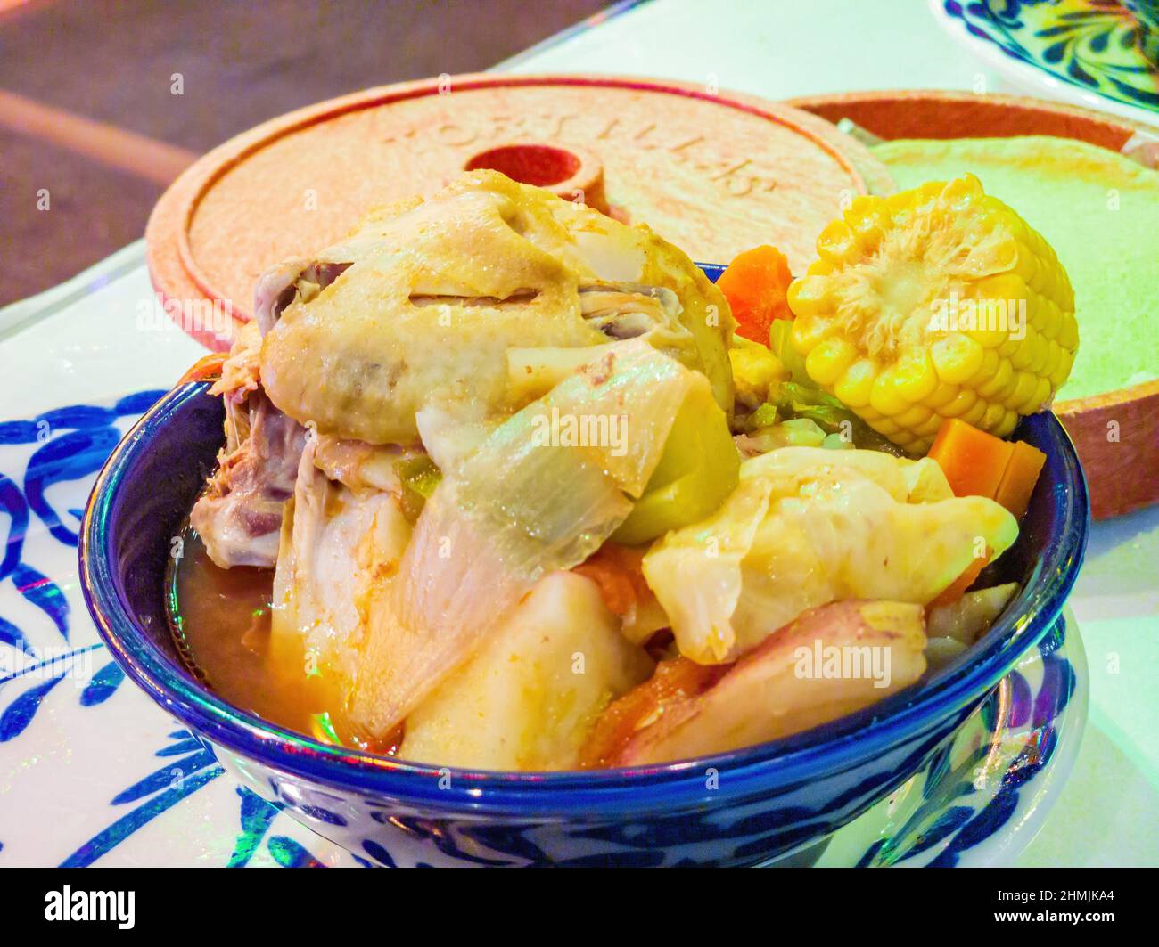 Close up shot of Mexican style Pollo con Fideo chicken soup at Texas Stock Photo