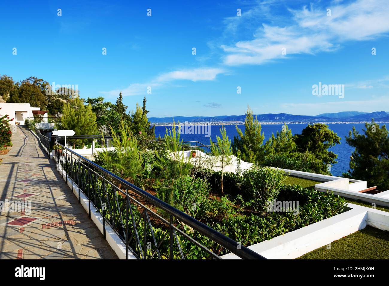 The sea view terrace in luxury hotel, Peloponnes, Greece Stock Photo