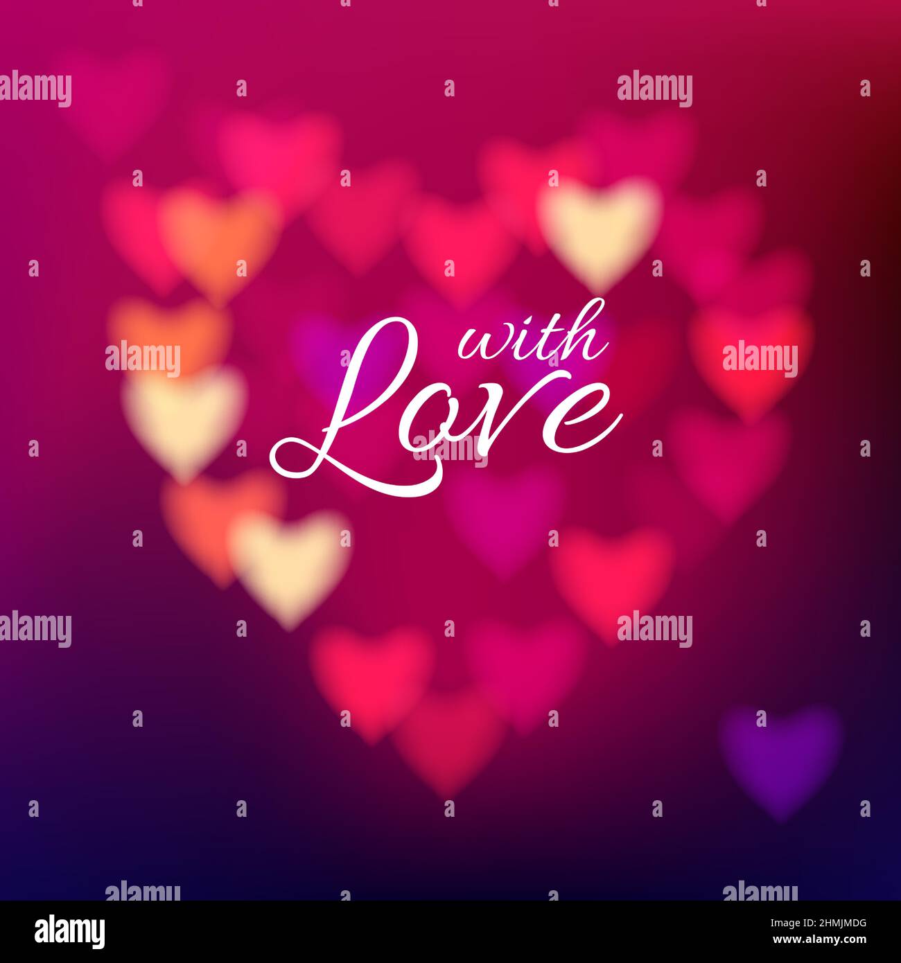 Heart shape bokeh light background. Sign With Love on dark pink blurred background. Stock Vector