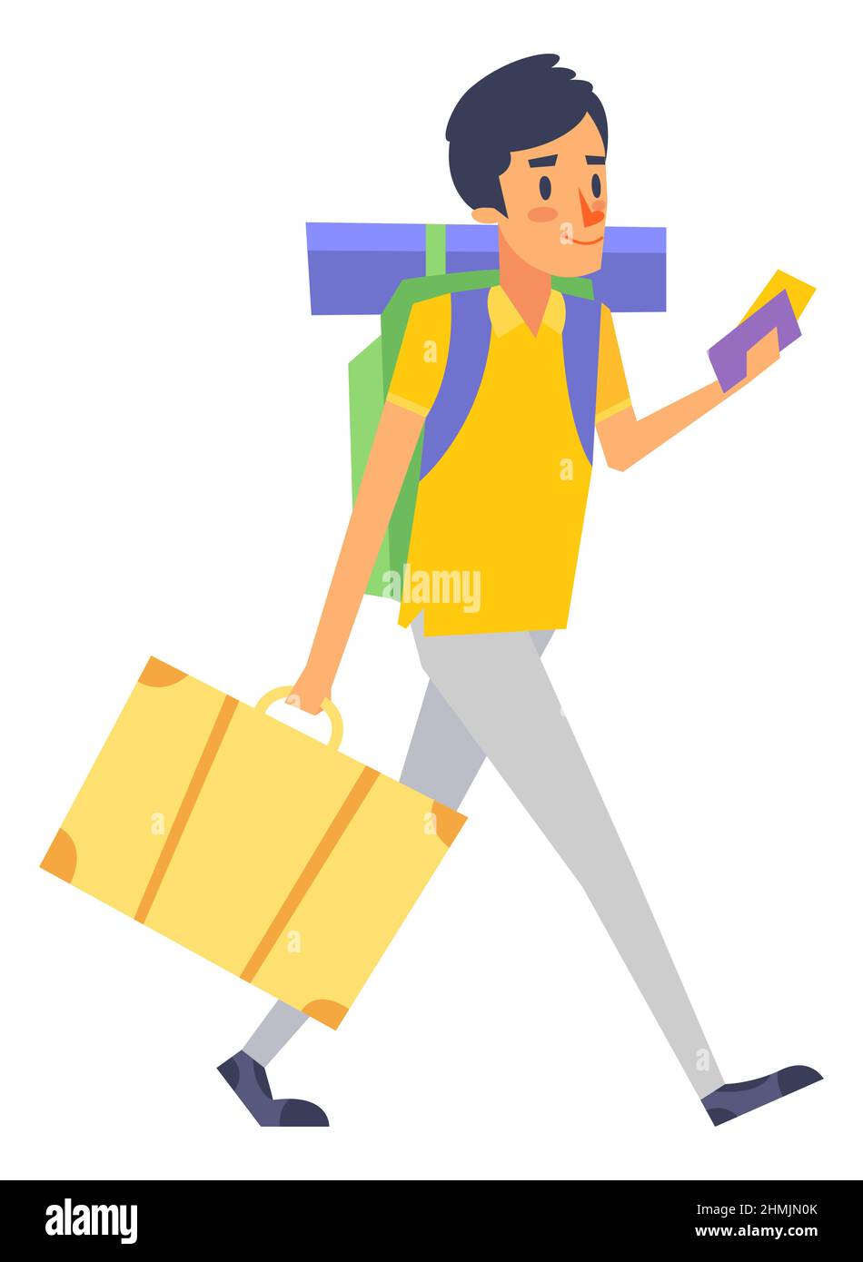 Tourist walking with travel bags. Hurrying character Stock Vector