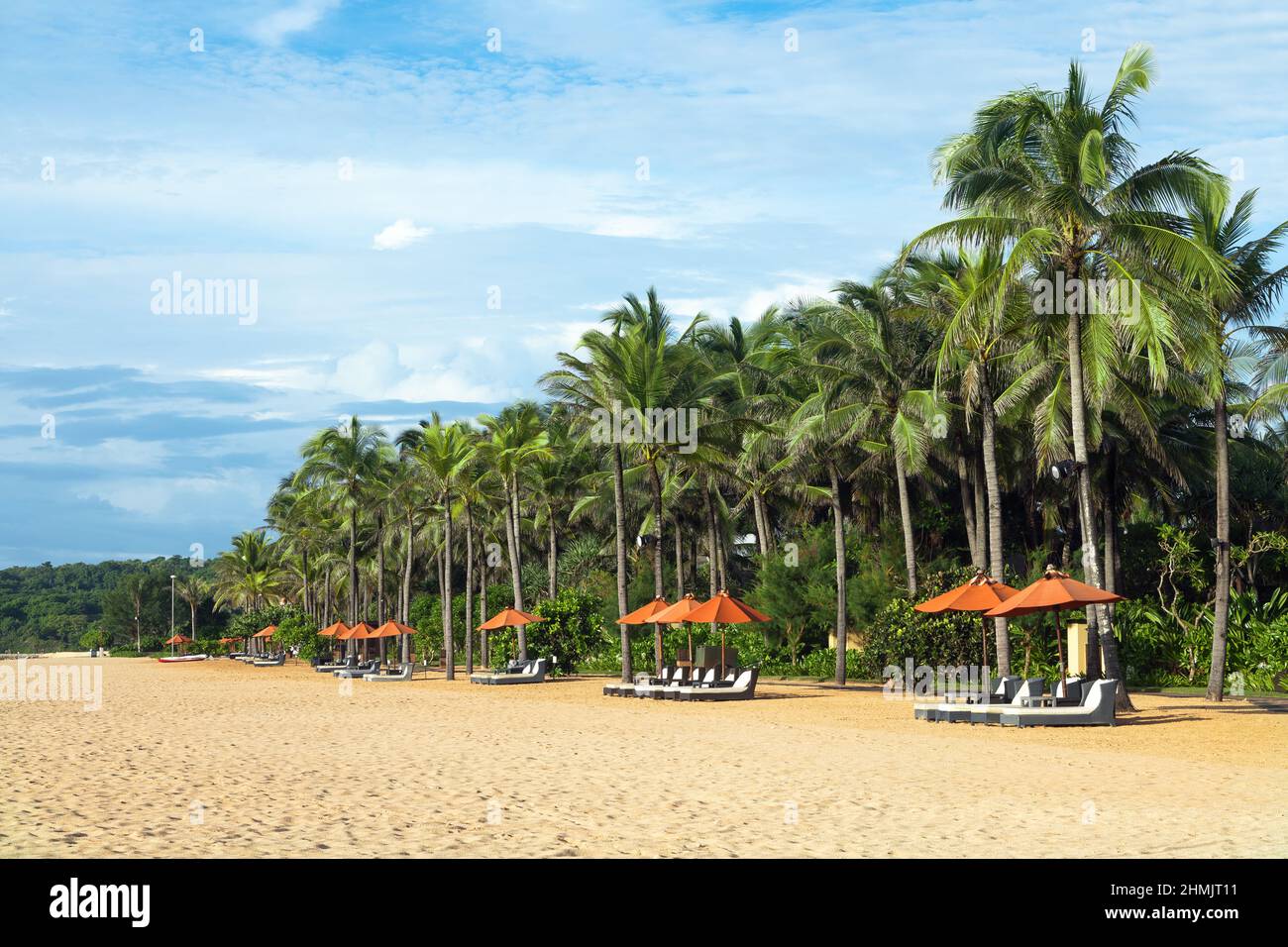 Empty beach with umbrellas and deck chairs. Palm trees. Beautiful summertime view seascape. Relax places island Bali island, Indonesia Stock Photo