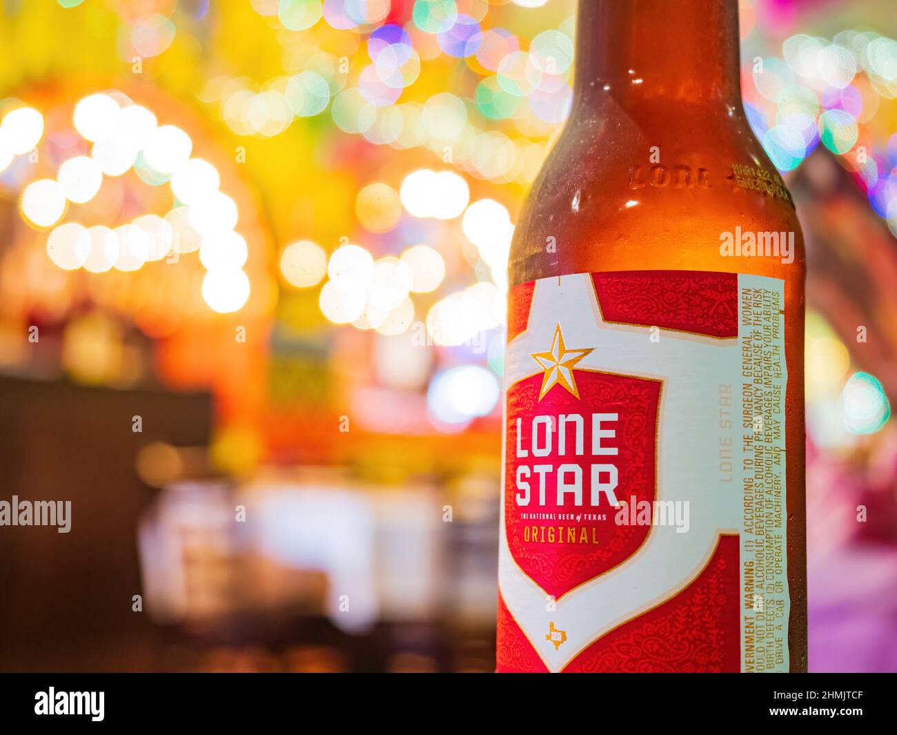 Texas, FEB 2 2022 - Close up shot of Lone Star beer in the El Mercado Snack Bar Stock Photo