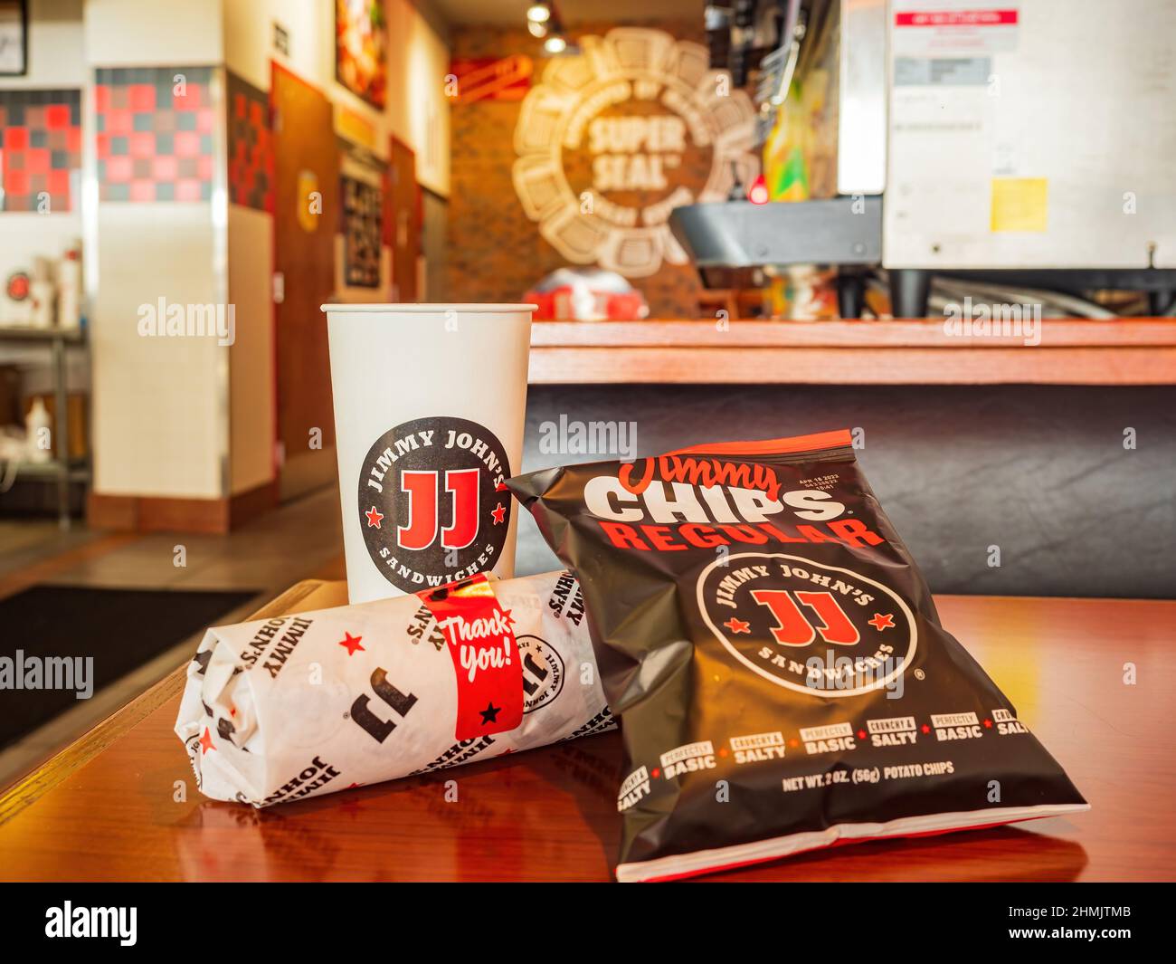 Texas, FEB 4 2022 Close up shot of Jimmy John sandwich and chips