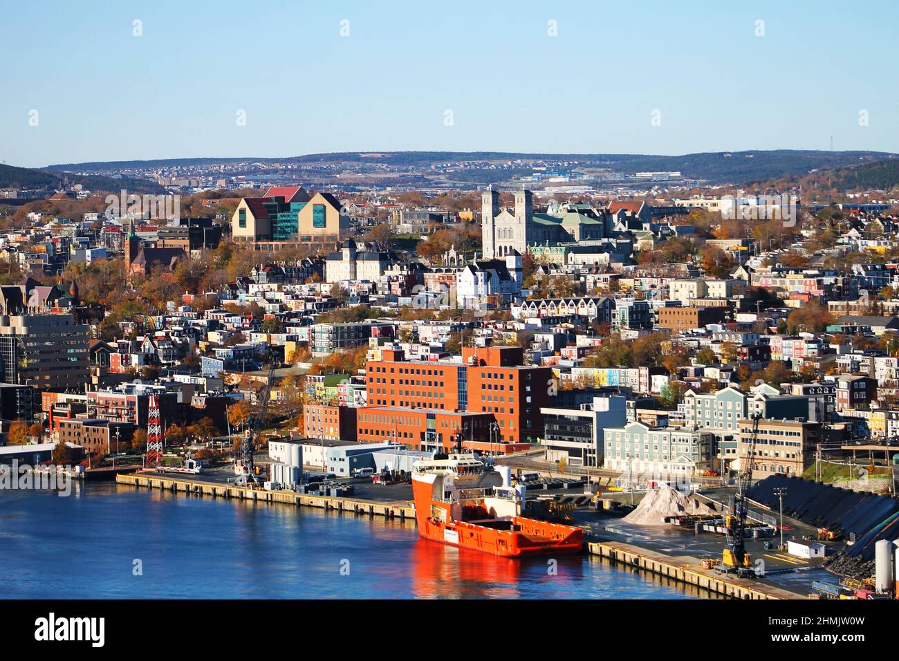 View of city of St. John's looking northwest from Signal Hill, over St. John's Harbour. Stock Photo