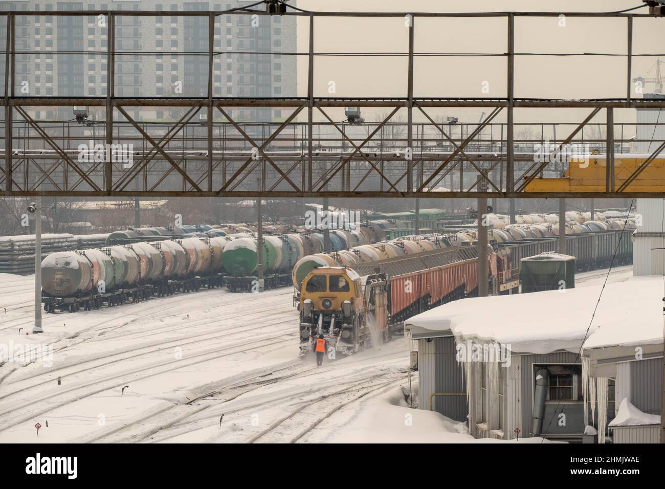 Russian Railways in winter with snow in Moscow 2022 Stock Photo