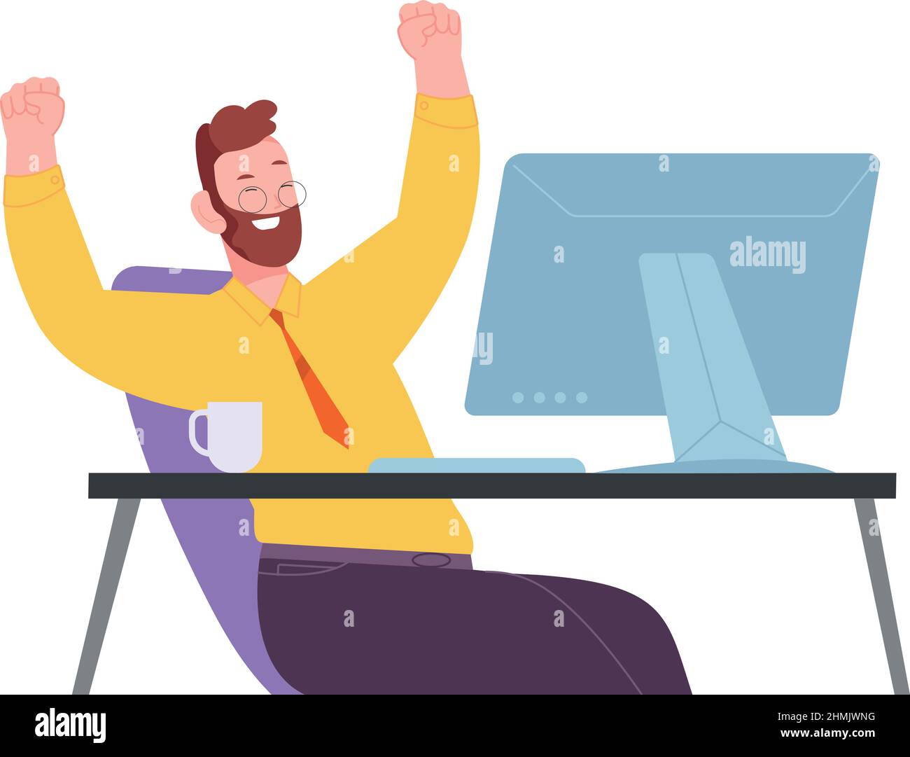 Joyful man at computer desk. Work success concept isolated on white ...