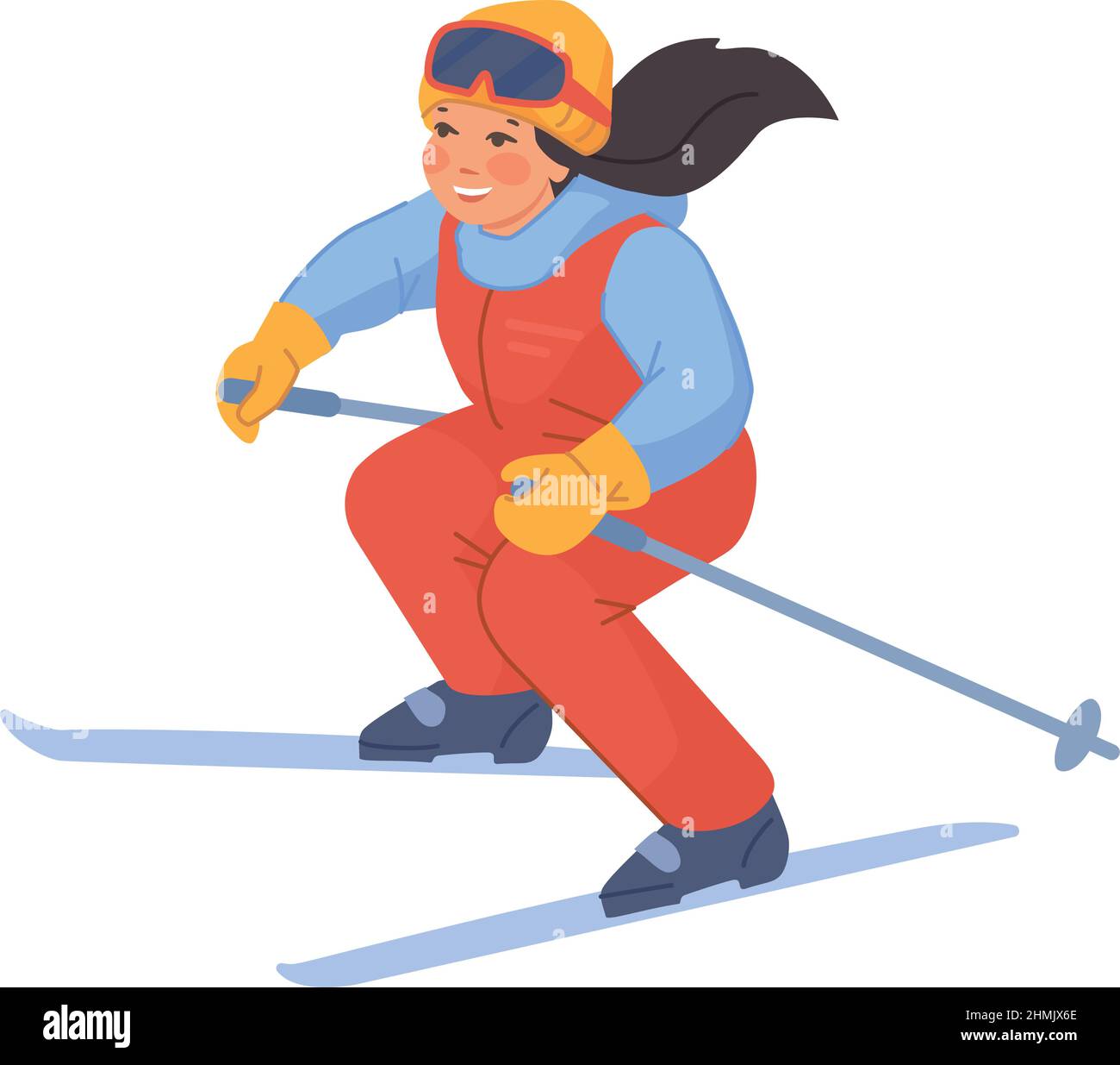 Cartoon girl skiing. Active happy child in winter season isolated on