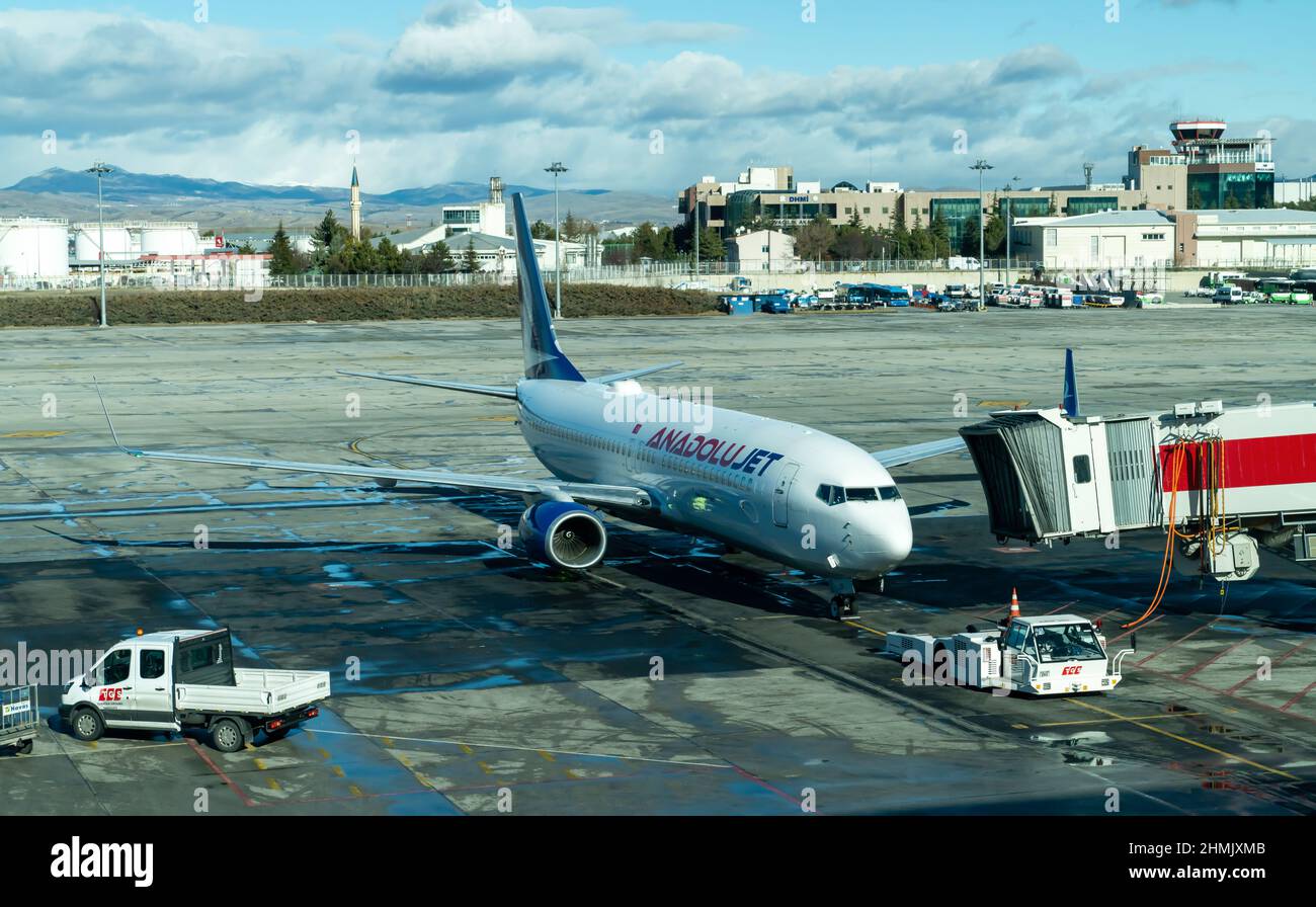 Ankara, Turkey- January 02 2022- Anatolian jet plane ready to fly at the Essenboga Airport Stock Photo