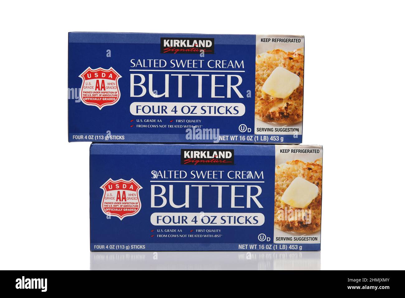 IRVINE, CALIFORNIA - 10 FEB 2022: Two packages of Kirkland Signature Salted Sweet Cream Butter, a private label of Costco Wholesale. Stock Photo