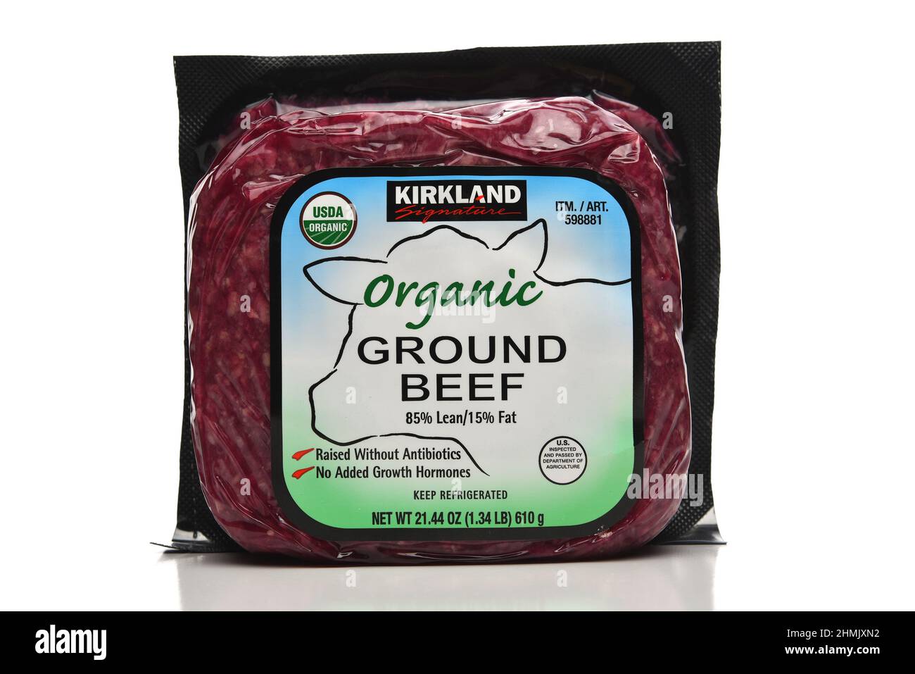 IRVINE, CALIFORNIA - 10 FEB 2022: A package of Kirkland Signature Organic Ground Beef, a private label of Costco Wholesale. Stock Photo