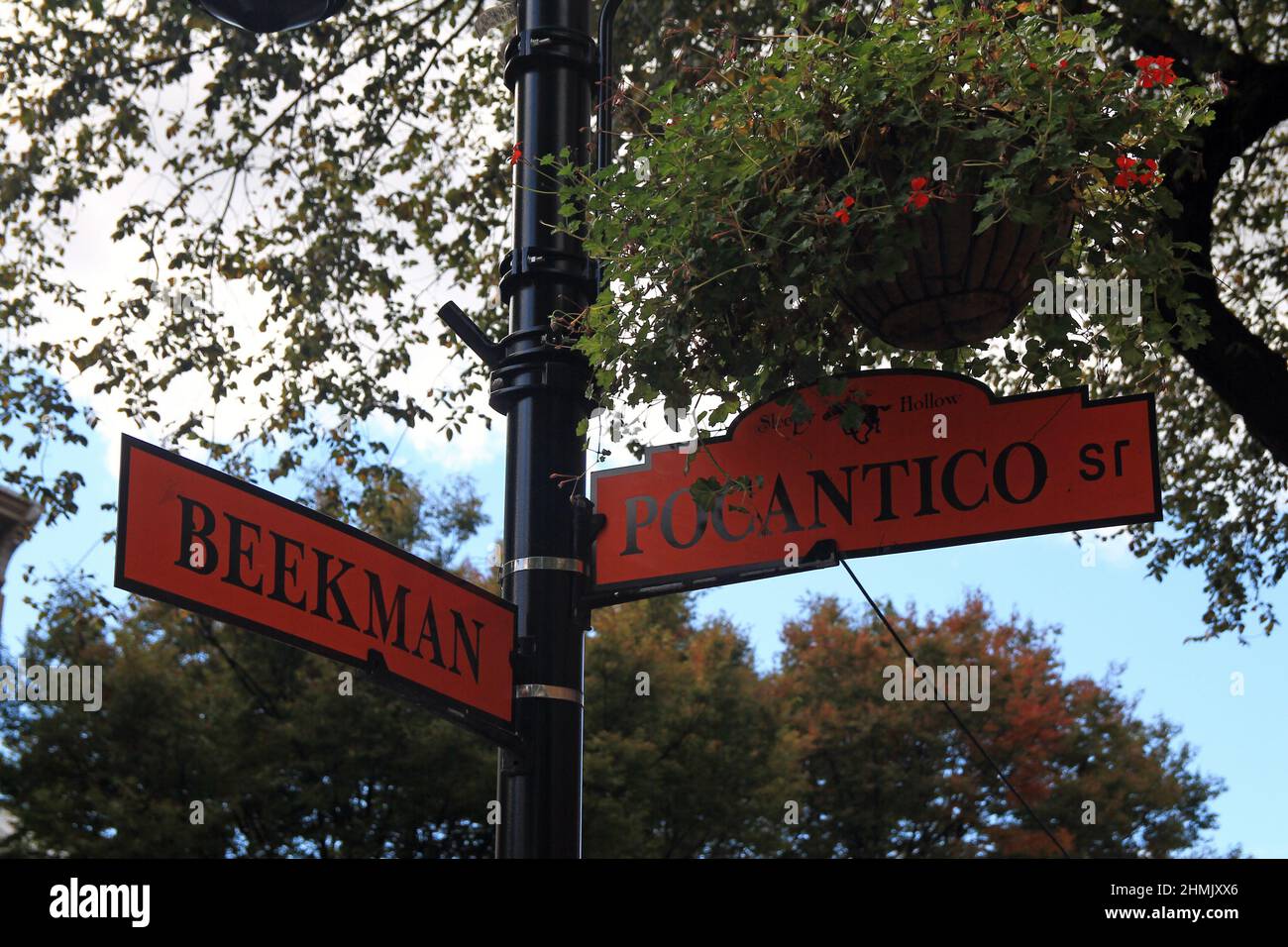 Orange sign on the corner between Beekman and Pocantico street in Sleepy Hollow in the New York State Stock Photo