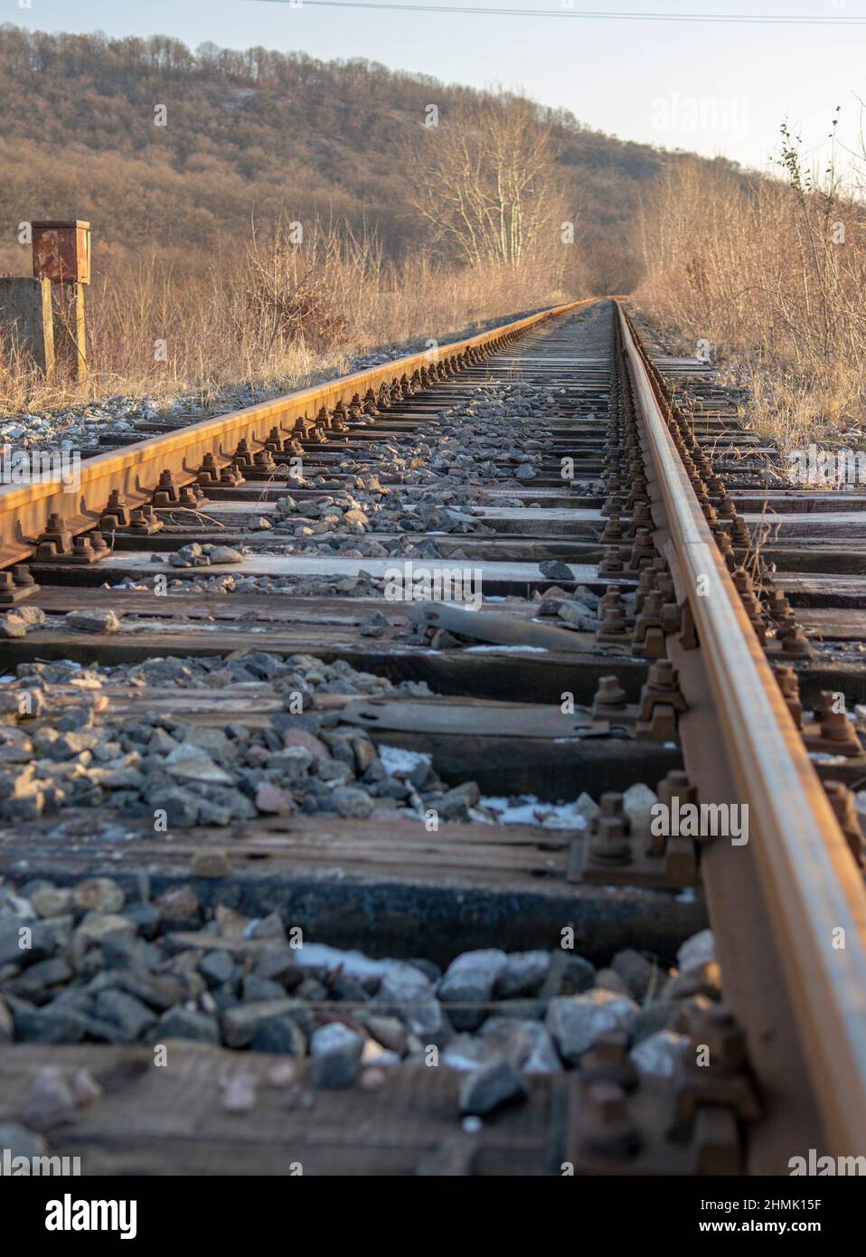 Single track railway line. Empty straight singleway railway line at