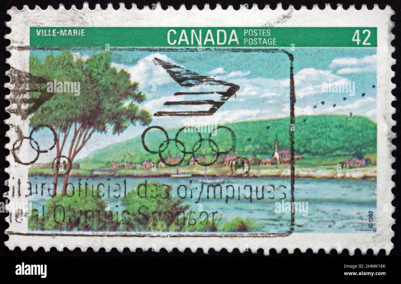 CANADA - CIRCA 1992: a stamp printed in Canada shows early settlement of Montreal (Ville-Marie), City of Montreal, 350th anniversary, circa 1992 Stock Photo