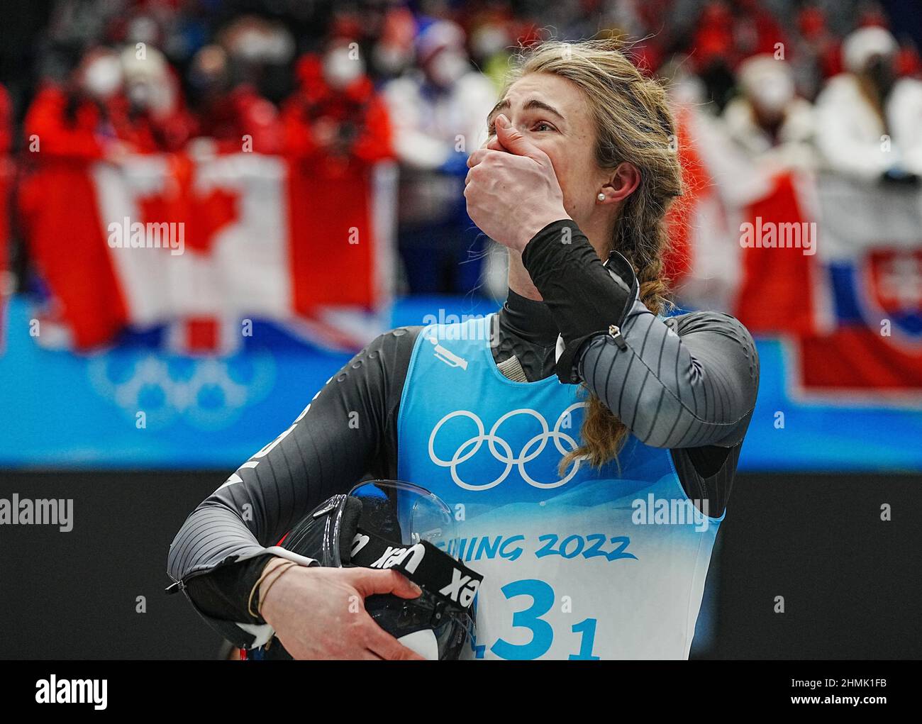 Beijing, China. 10th Feb, 2022. Madeleine Egle of Austria reacts during the luge team relay competition?at the Yanqing?National Sliding Centre in Yanqing?district of Beijing, capital of China, Feb. 10, 2022. Credit: Jiang Wenyao/Xinhua/Alamy Live News Stock Photo