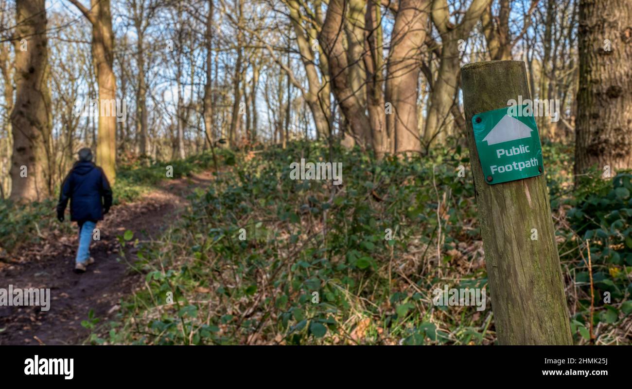Public Footpath sign in Ken Hill woods, Norfolk, on a fine day in February. Stock Photo