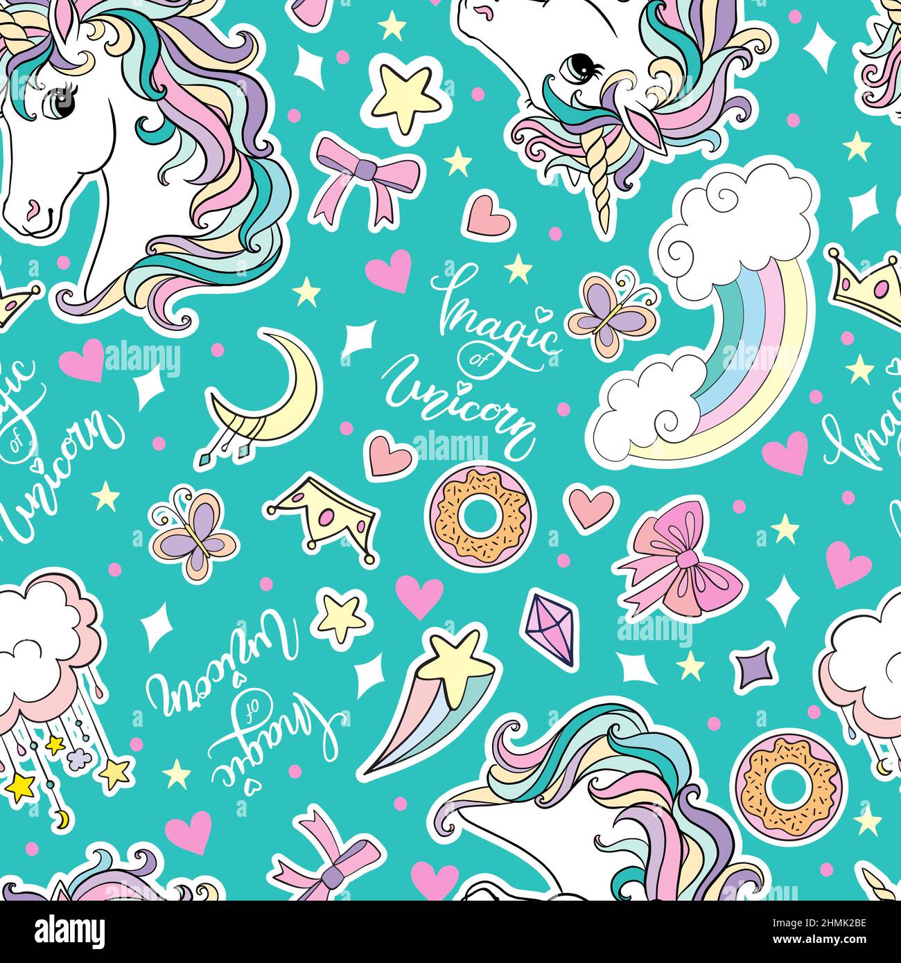 Cute unicorns heads, lettering and magic elements and rainbows seamless ...