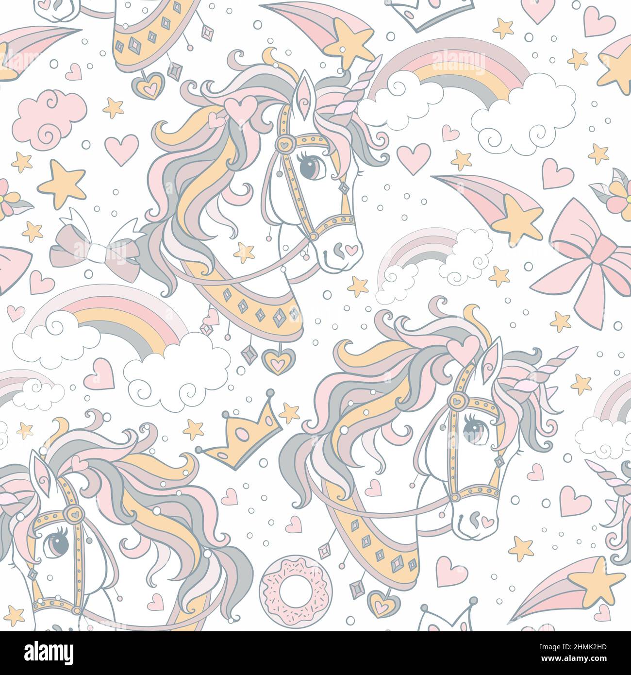 Cute unicorn heads, magic and cosmic elements seamless pattern on white ...