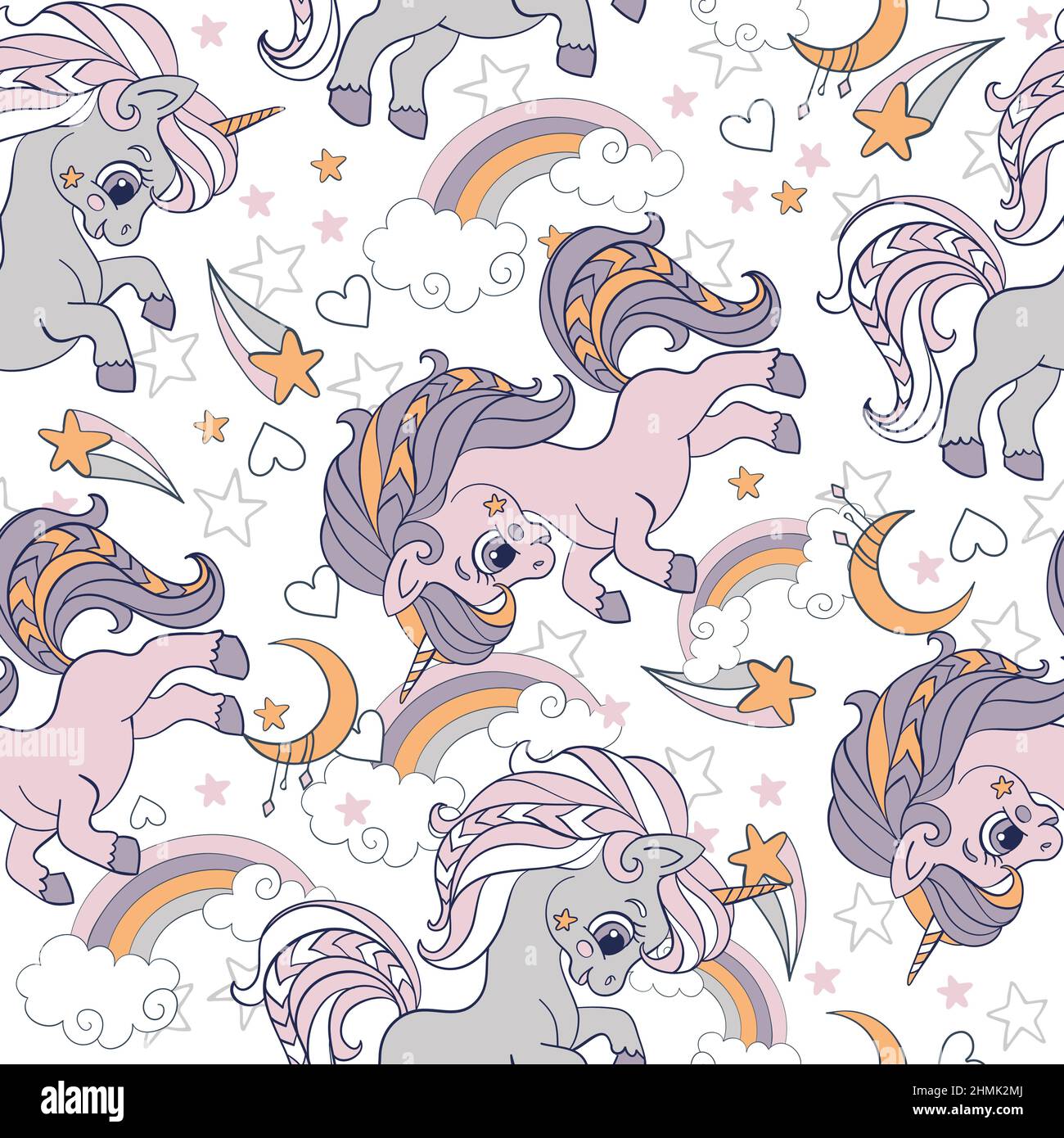 Cute unicorns and magic cosmic elements seamless pattern on white ...