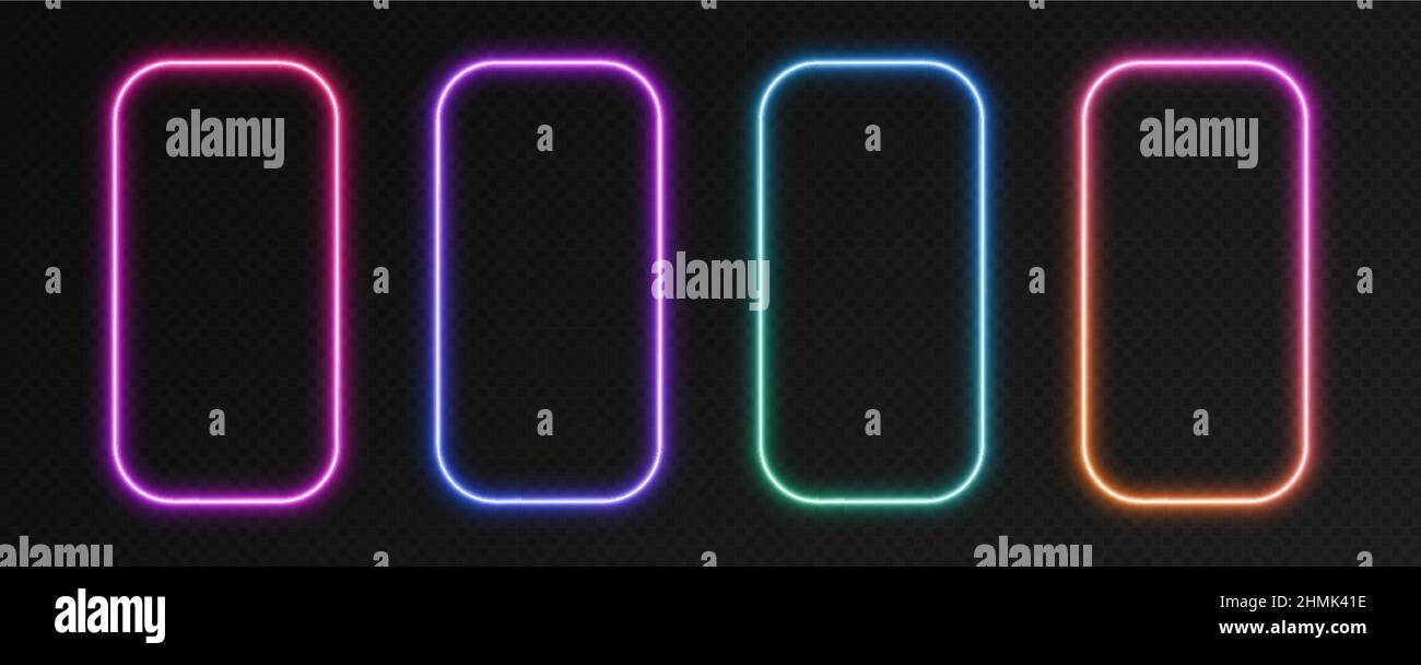 Gradient neon frames, rectangular borders, colorful night banners isolated on black. Stock Vector