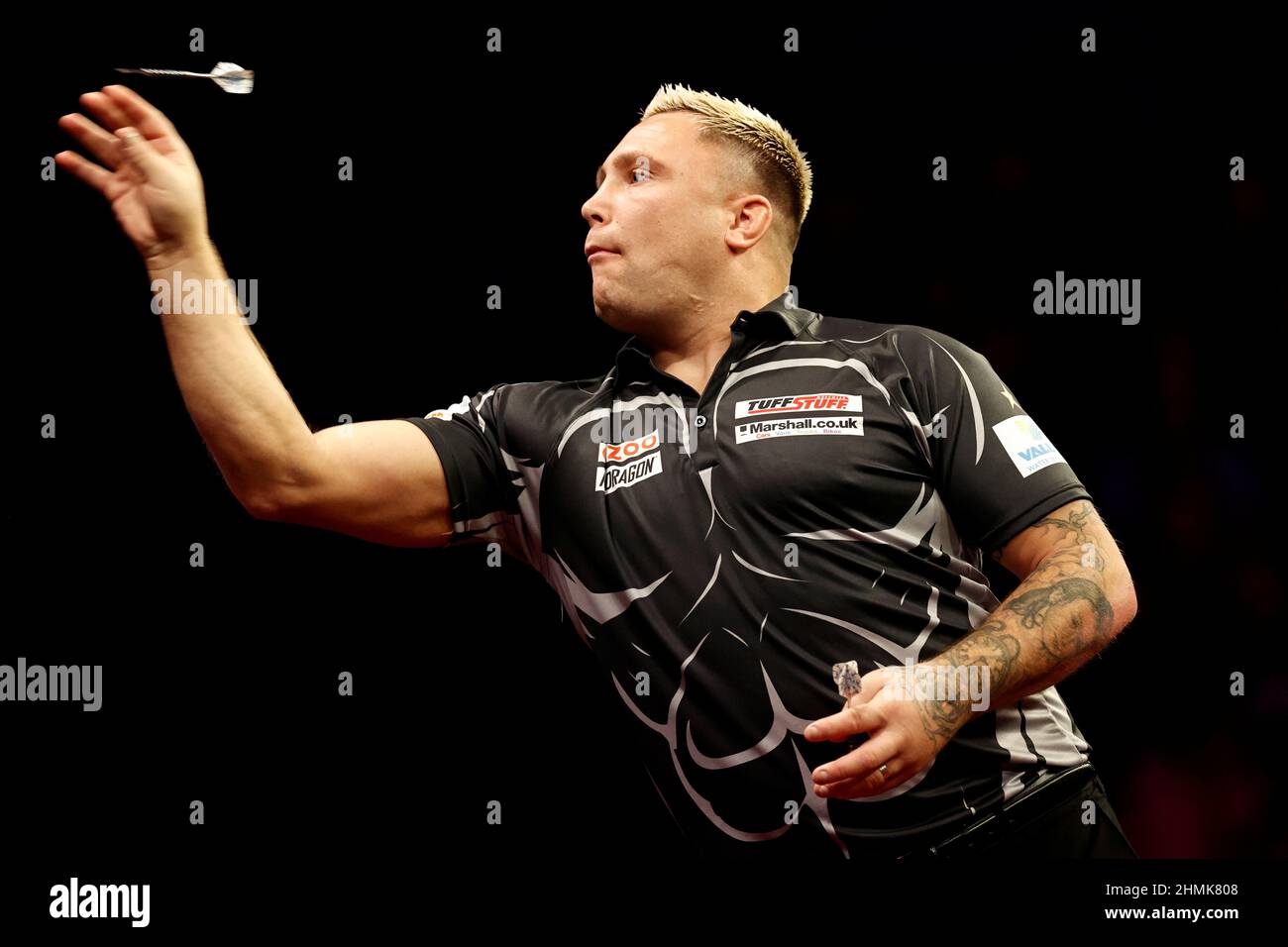 10th February 2022 ; M&amp;S Bank Arena, Liverpool, England; PDC Premier  League Darts, Liverpool; Gerwyn &quot;The Iceman&quot; Price at the oche  during his Cazoo Premier League quarter final match at Liverpool's M&amp;S