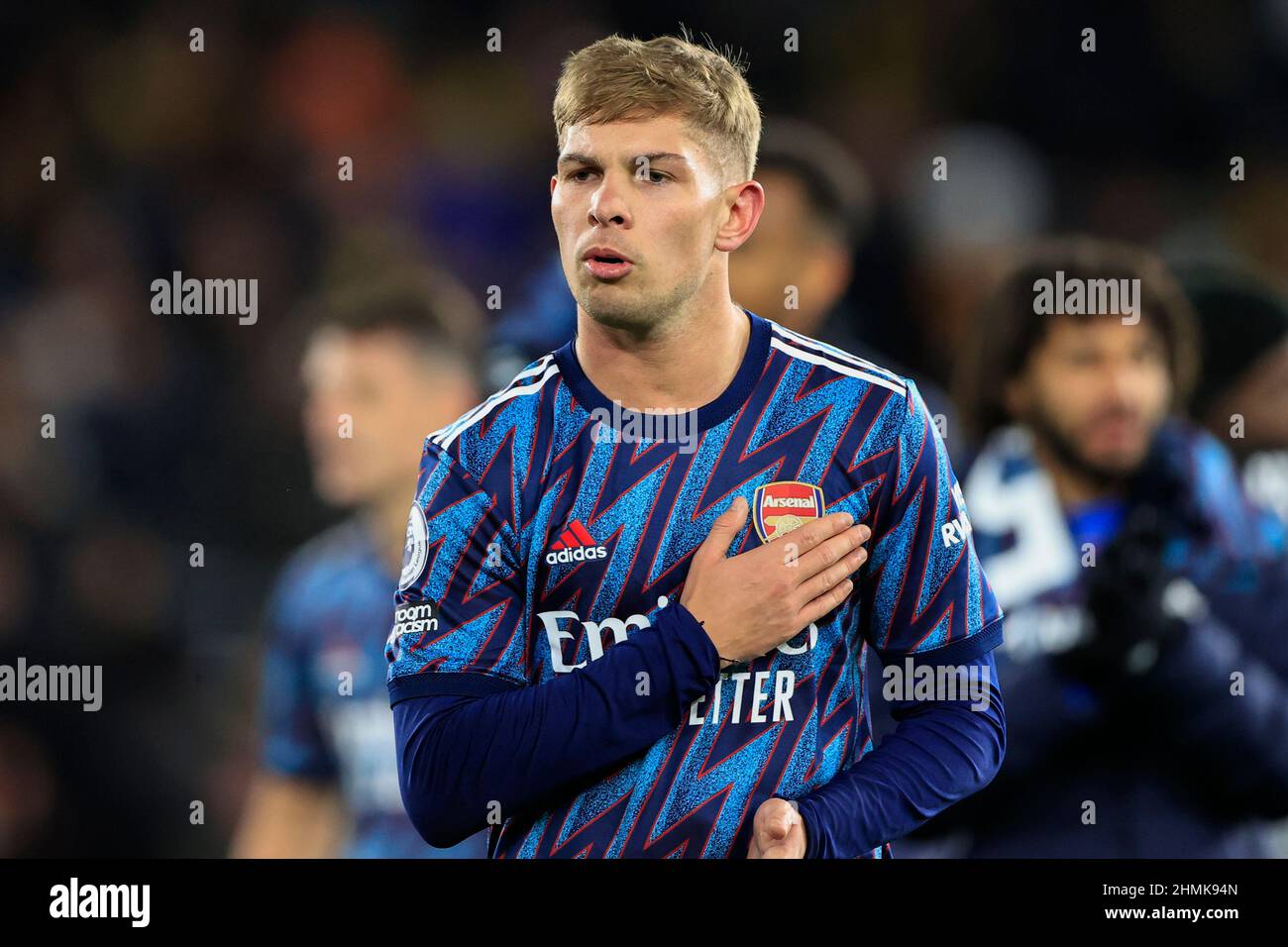 Emile Smith Rowe #10 of Arsenal touches the club crest at the end of the 0-1 victory Stock Photo
