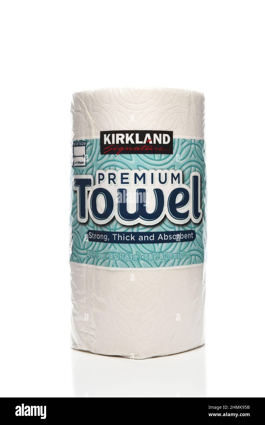 IRVINE, CALIFORNIA - 10 FEB 2022: a Roll of Kirkland Signature Premium Paper Towels, a Costco Wholesale Private Label product. Stock Photo