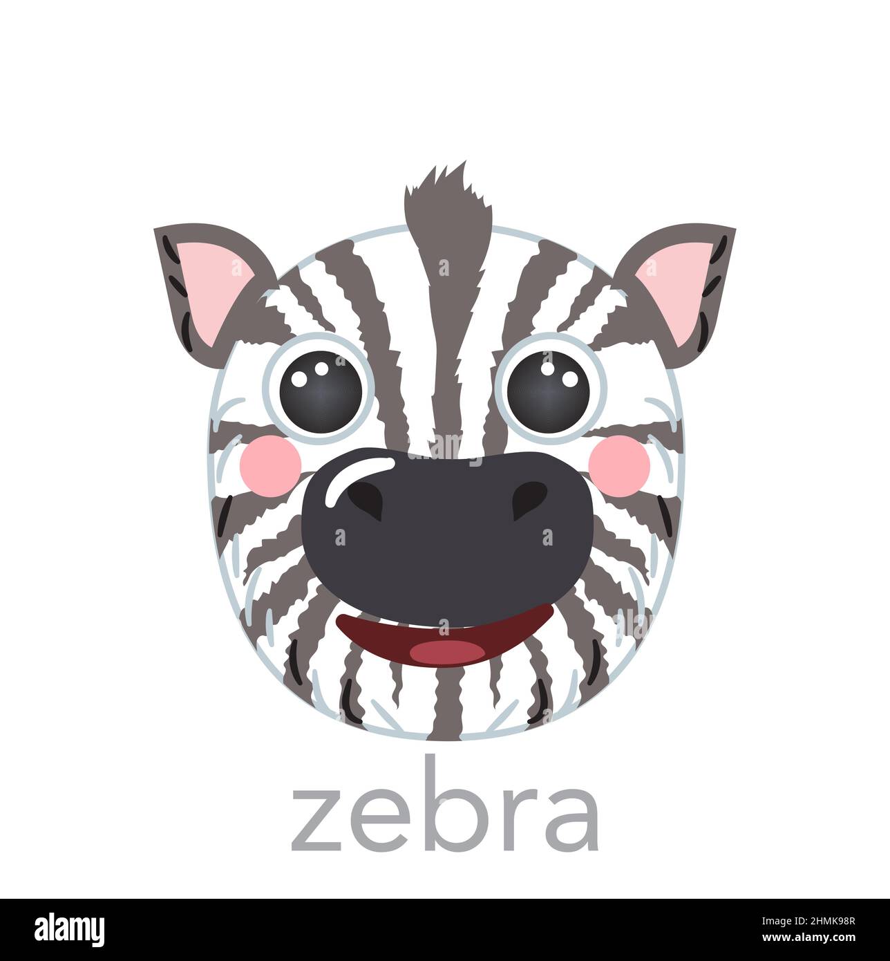 Zebra Cute portrait with name text smile head cartoon avatar round shape animal face, isolated vector icon illustrations on white background. Flat simple hand drawn for kids poster, ui app, baby Stock Vector