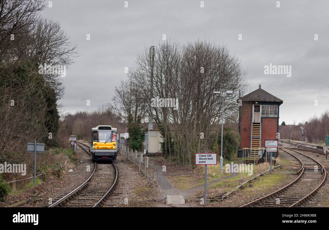 Parry people mover ultra light rail vehicle 139002 arriving at Stourbridge Junction on the Stourbridge branch with a shuttle train. Stock Photo