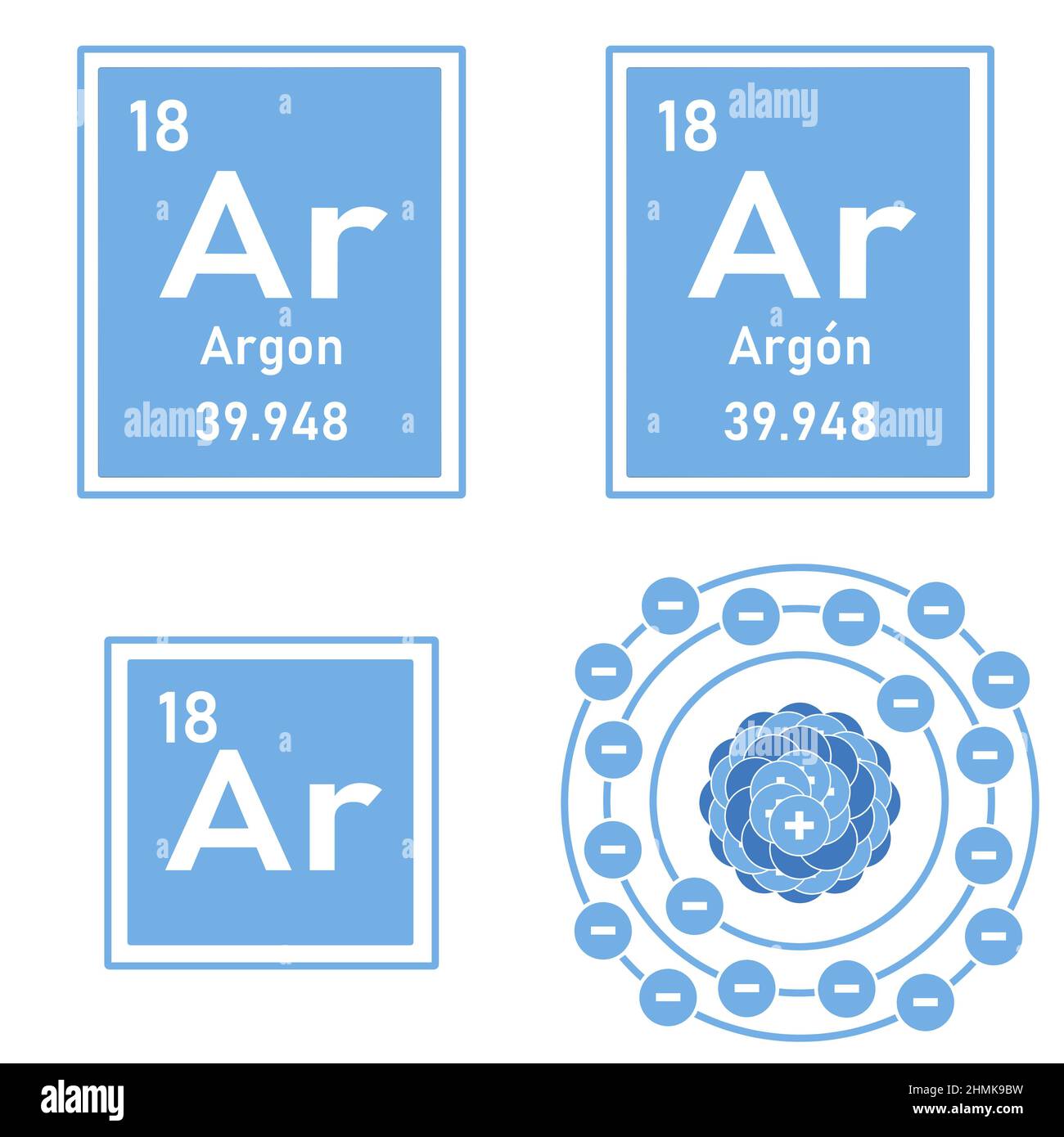 Icon of the element argon of the periodic table with representation of its atom Stock Photo
