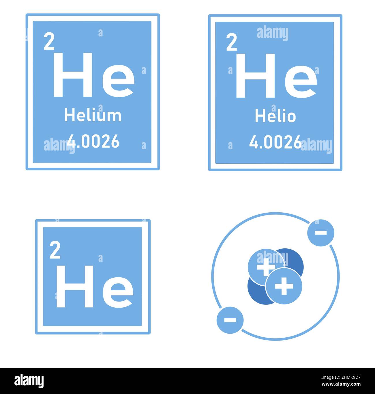 Icon of the element helium of the periodic table with representation of its atom Stock Photo